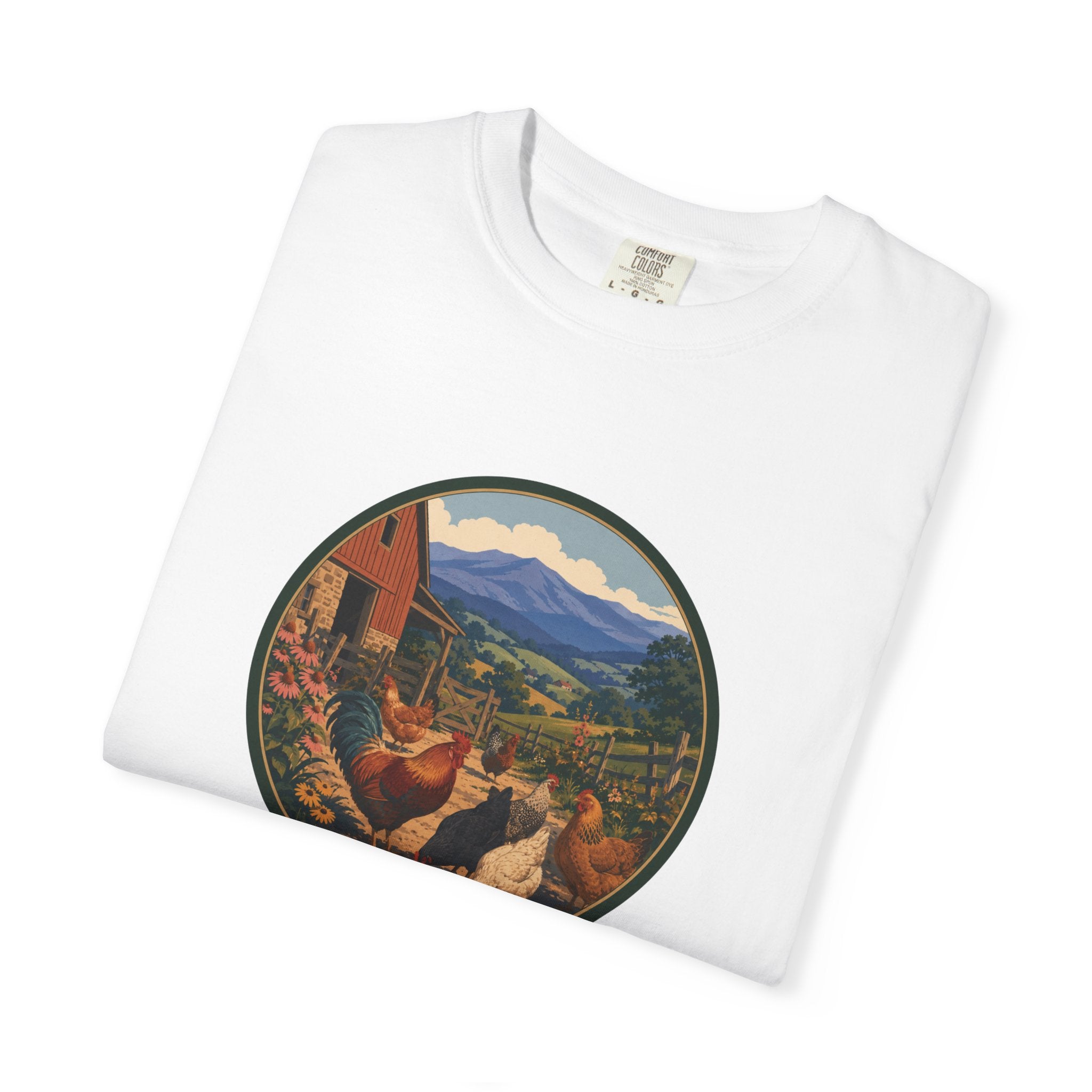Chicken Farm Vintage Tee — Pastoral Hen Scene T-Shirt