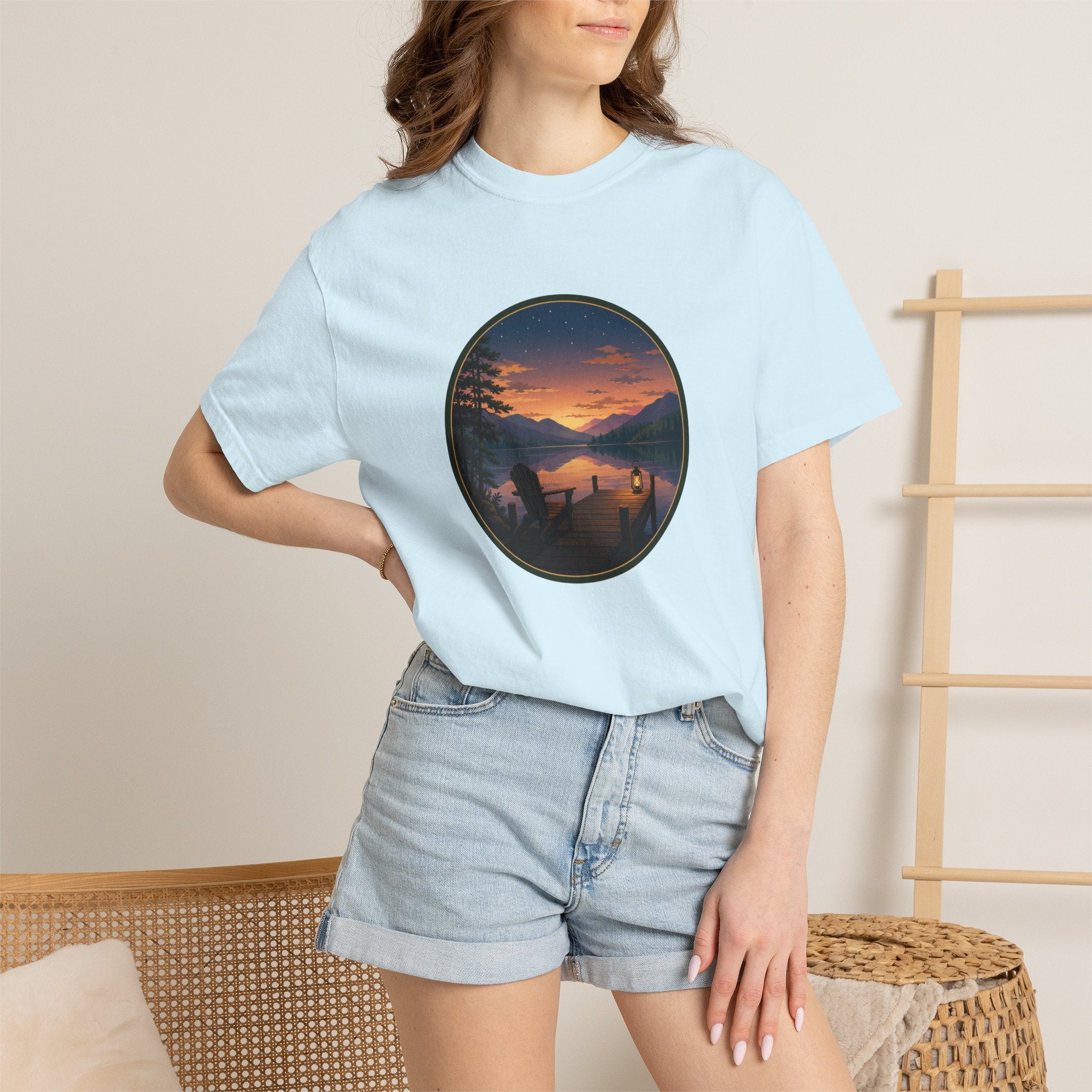 Sunset Lake Camping T-Shirt — Scenic Mountain Lantern Graphic