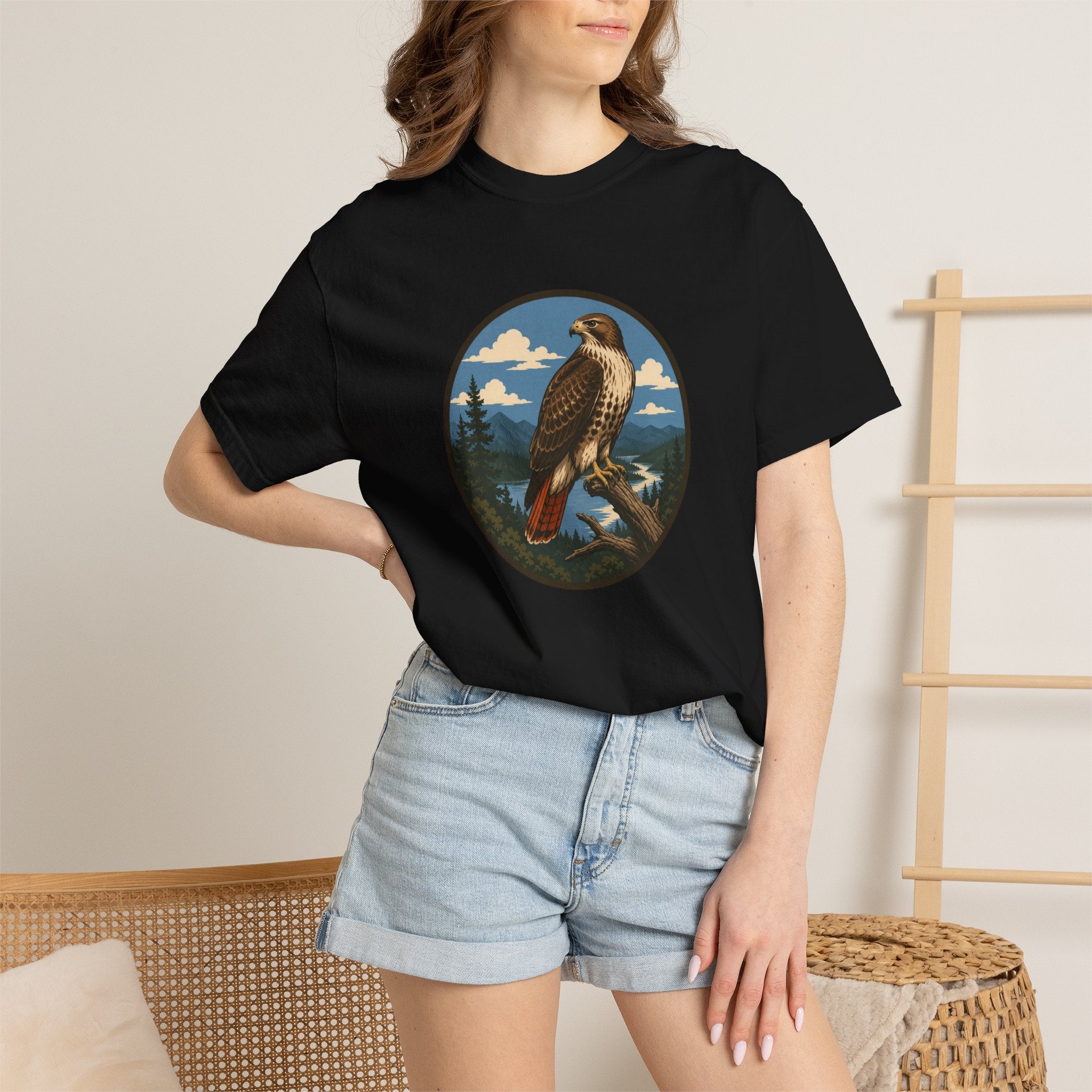 Red-Tail Hawk Mountain Circle T-Shirt — Vintage Hawk Nature Graphic Tee