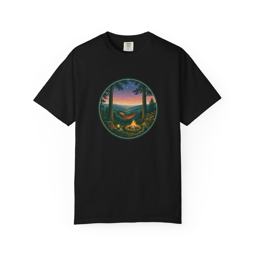 Hammock Camping Sunset T-Shirt — Bonfire Night Outdoor Graphic Tee
