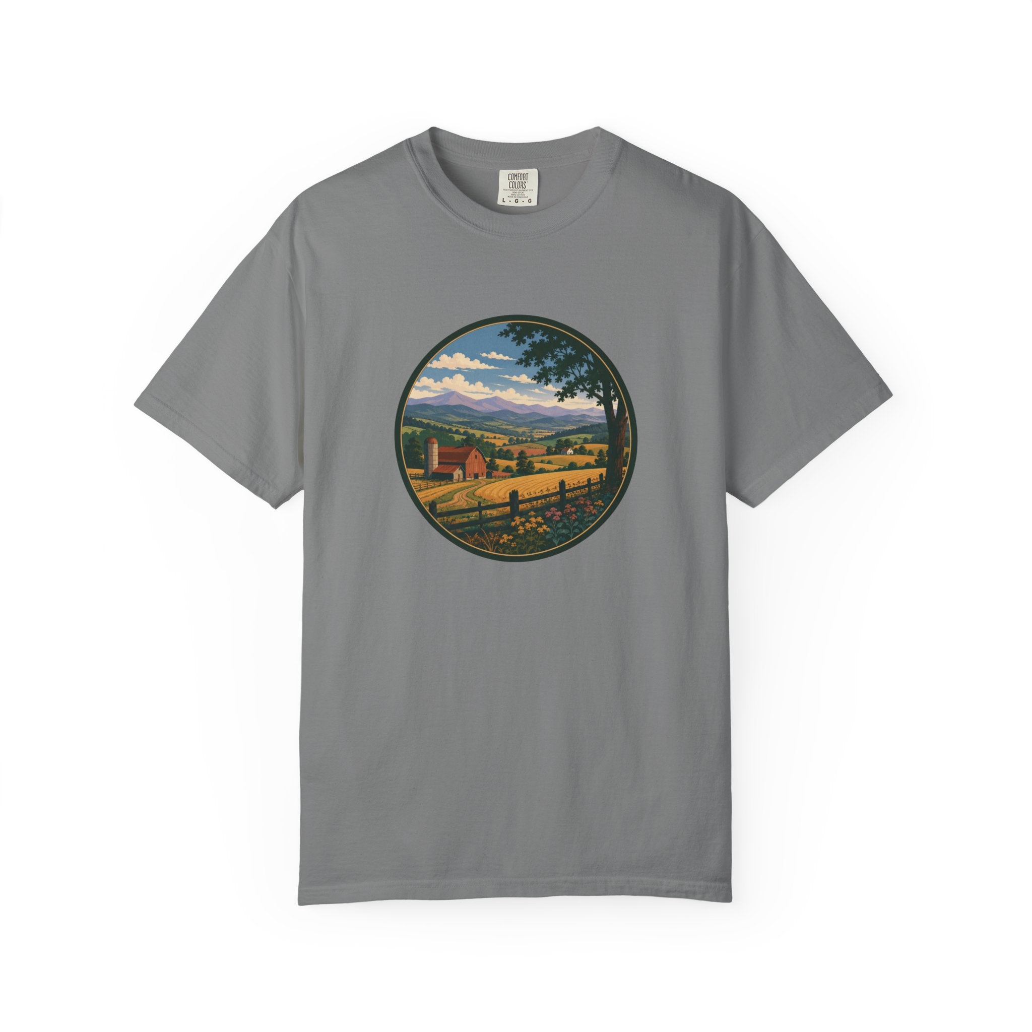 Scenic Countryside T-Shirt — Vintage Farm Landscape Graphic