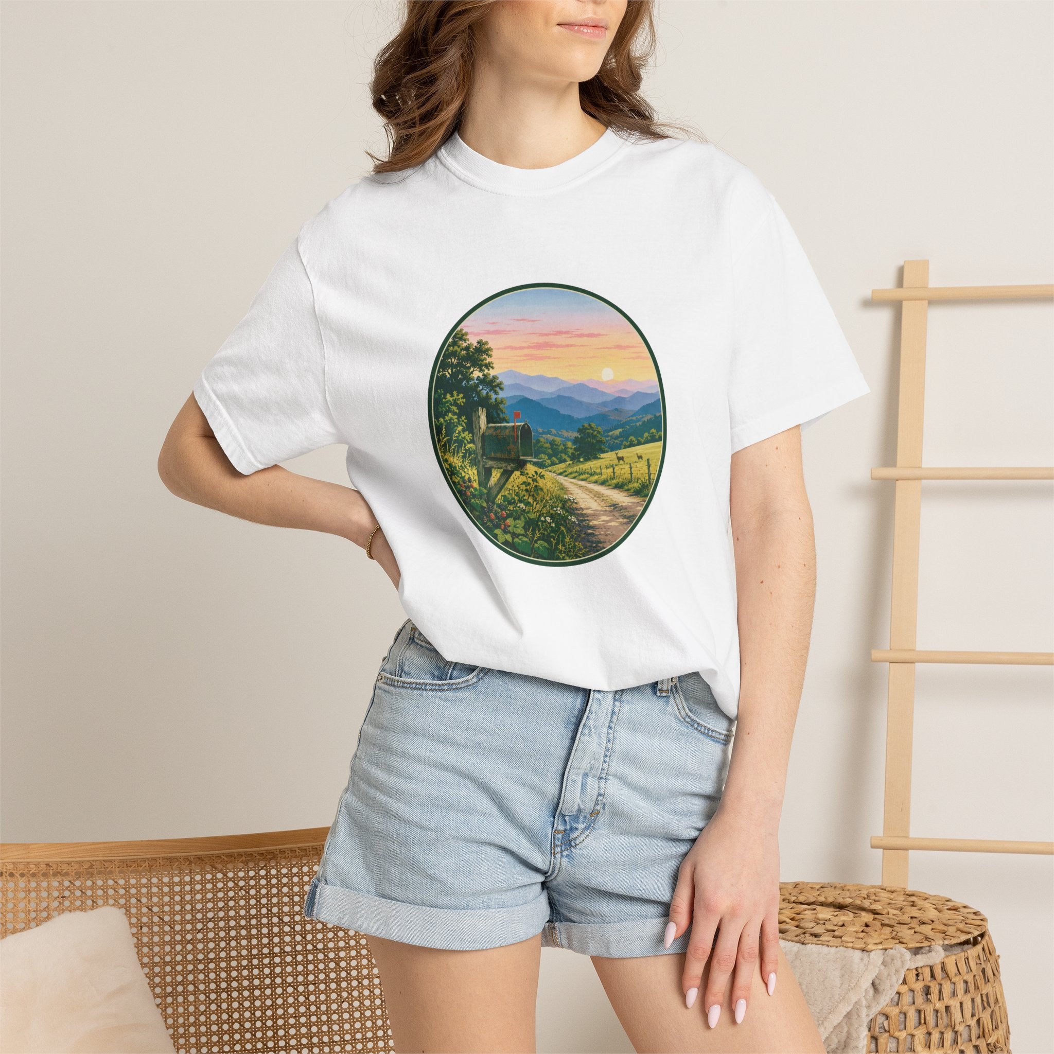 Scenic Backroad Sunset T-Shirt — Vintage Mailbox Circle Landscape Tee