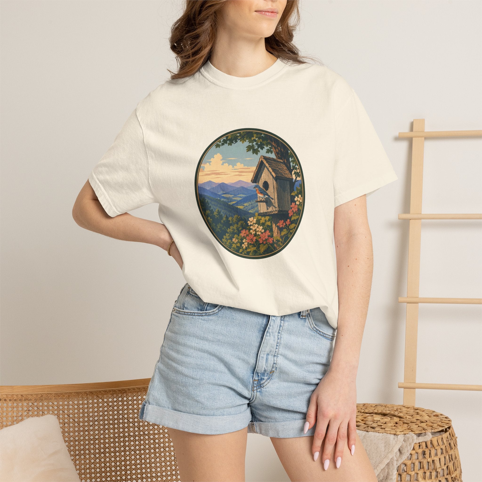 Scenic Birdhouse Tee — Mountain Sunrise Nature T-Shirt