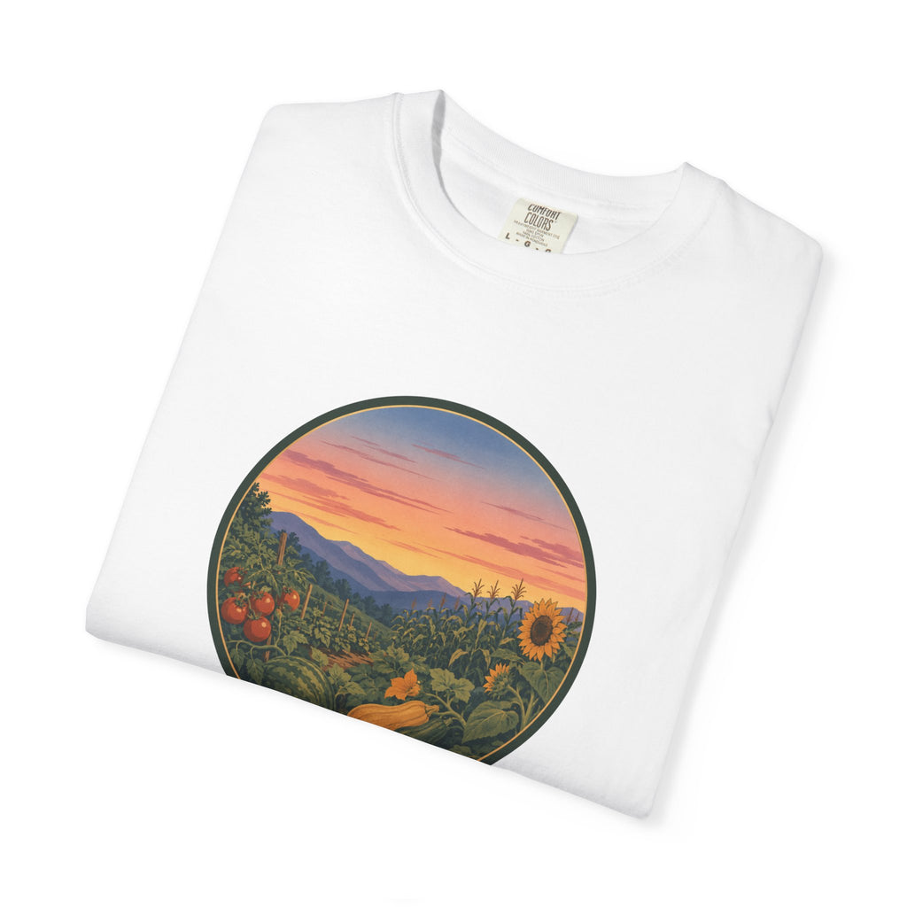 Sunset Mountain Garden T-Shirt — Scenic Fresh Vegetables Landscape Tee