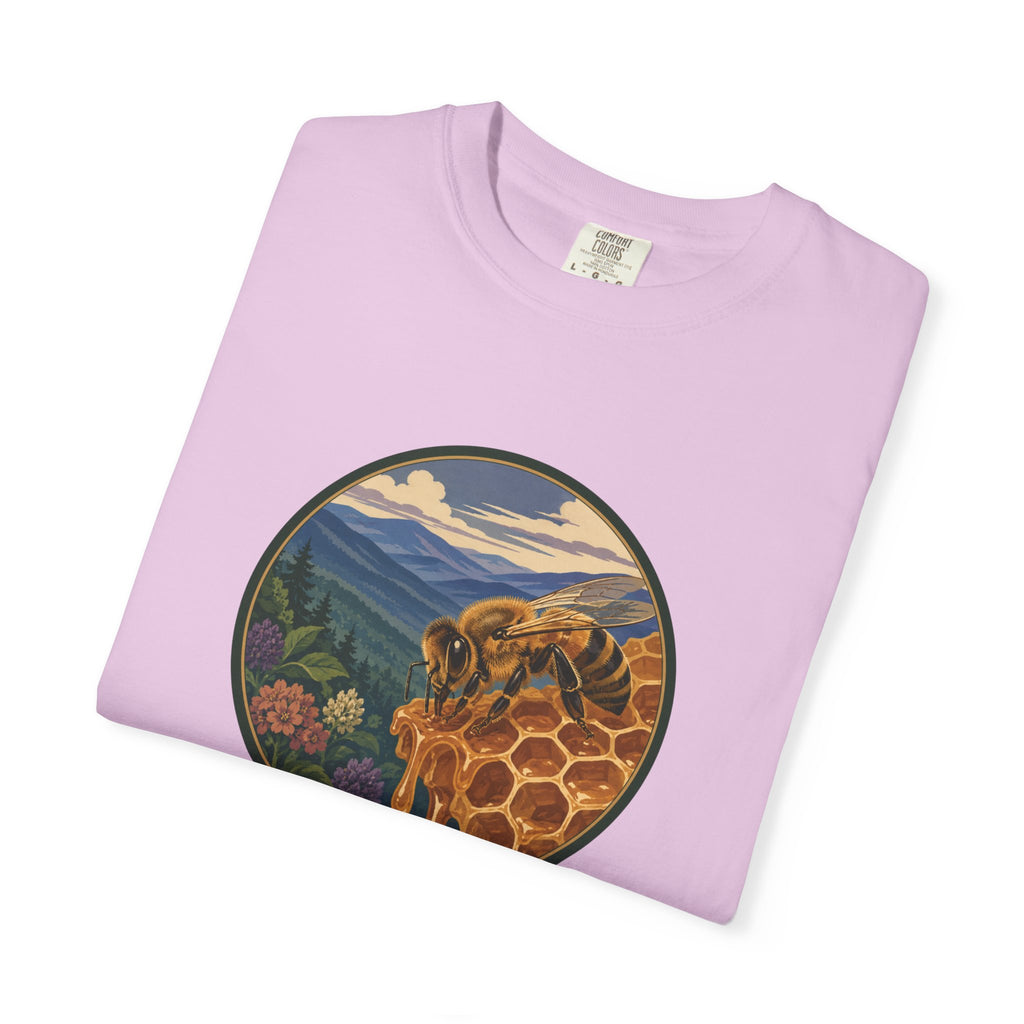 Honey Bee & Mountains Graphic T-Shirt — Honeycomb Nature Illustration