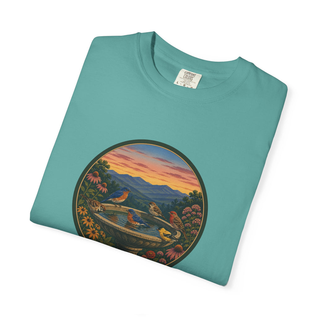 Sunset Garden Tee — Vintage Birdbath Landscape T-Shirt