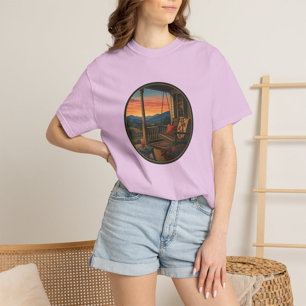 Sunset Porch Circle T-Shirt — Scenic Porch Swing Graphic Tee