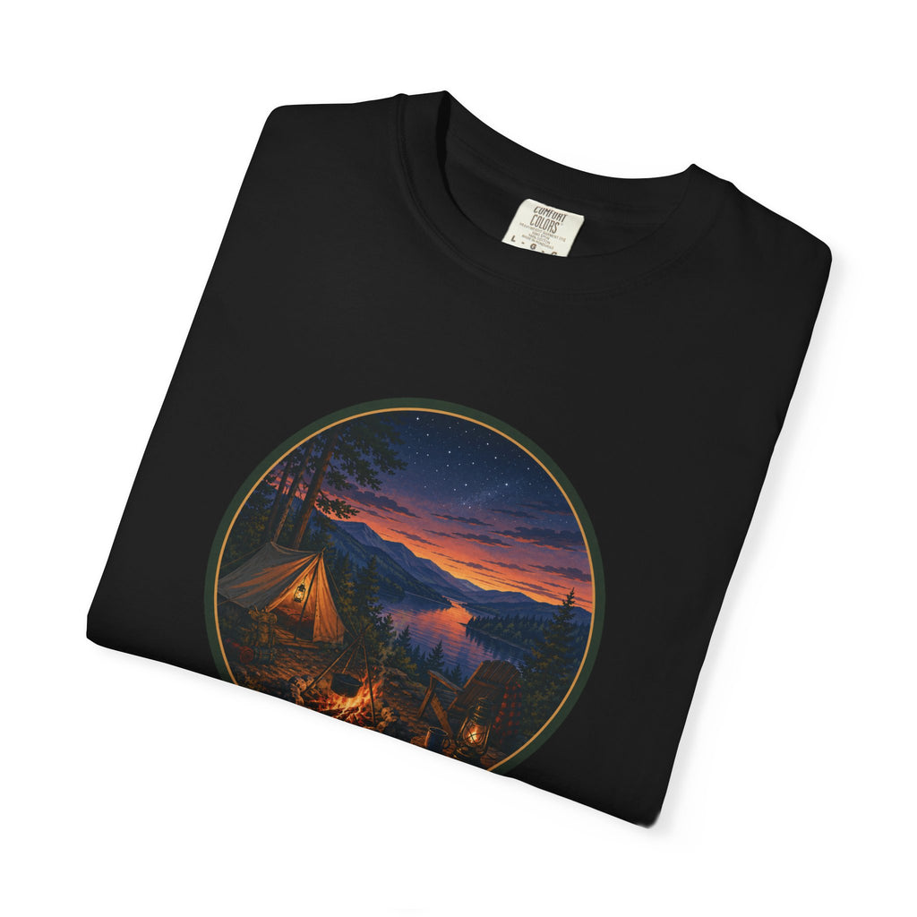 Camping Sunset T-Shirt — Riverside Campfire Night Scene