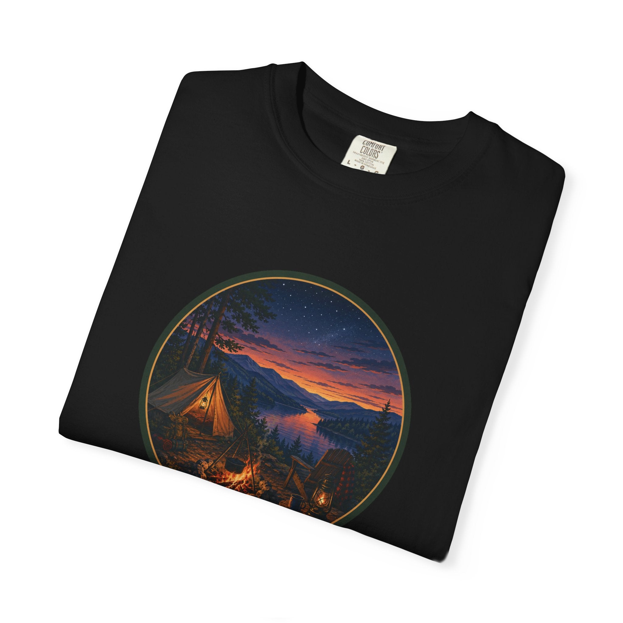 Camping Sunset T-Shirt — Riverside Campfire Night Scene