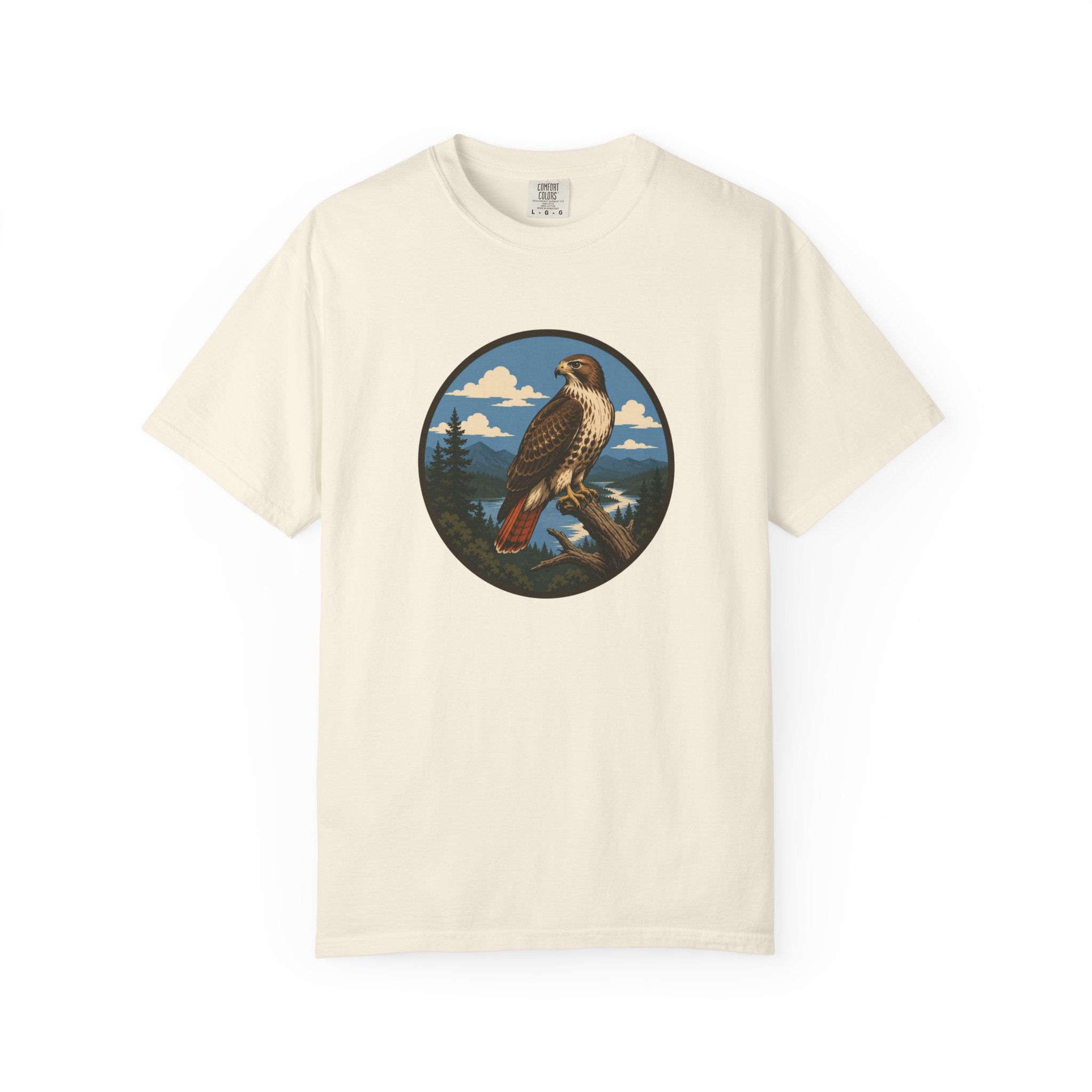 Red-Tail Hawk Mountain Circle T-Shirt — Vintage Hawk Nature Graphic Tee
