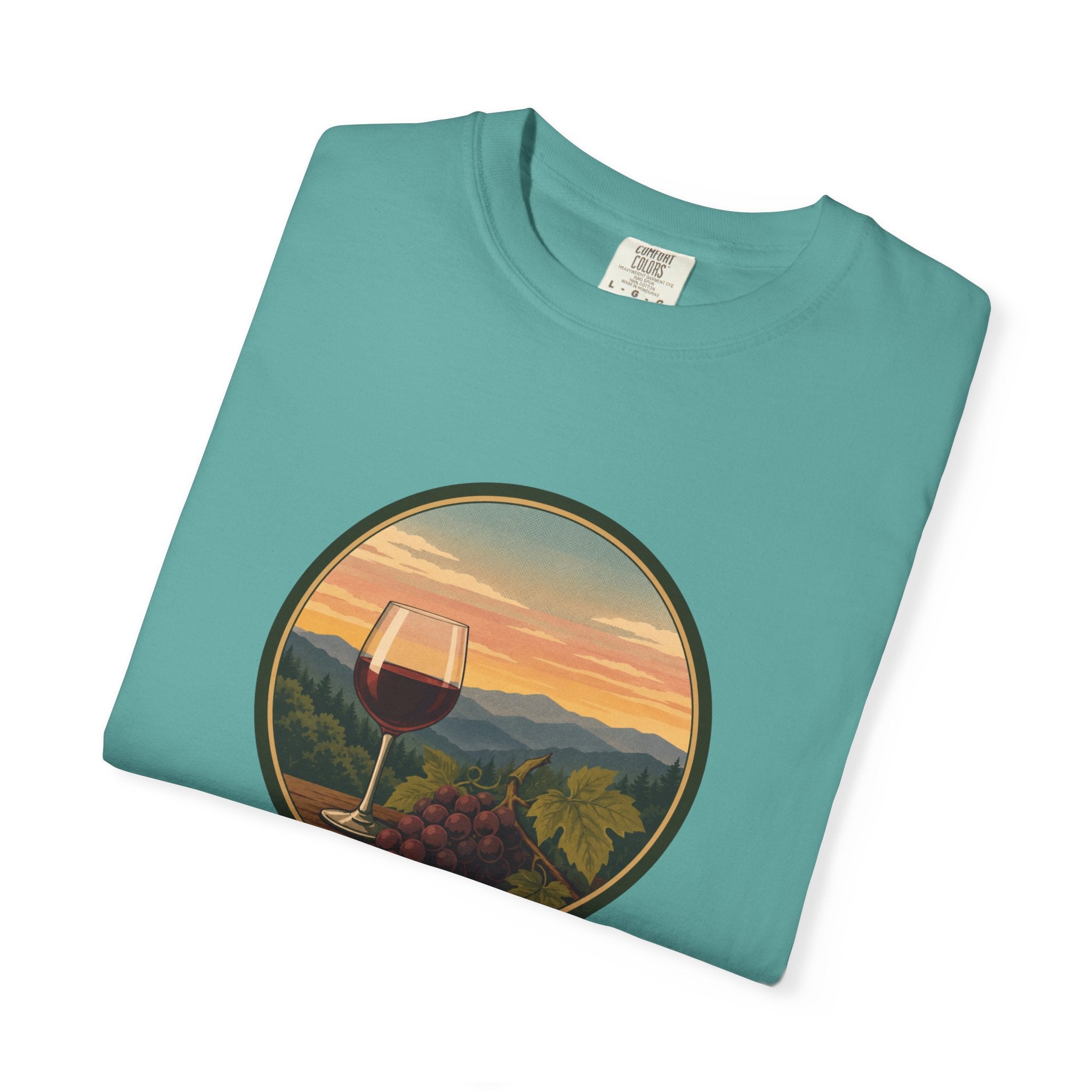 Wine Sunset T-Shirt — Vineyard Glass & Grapes Scenic Tee