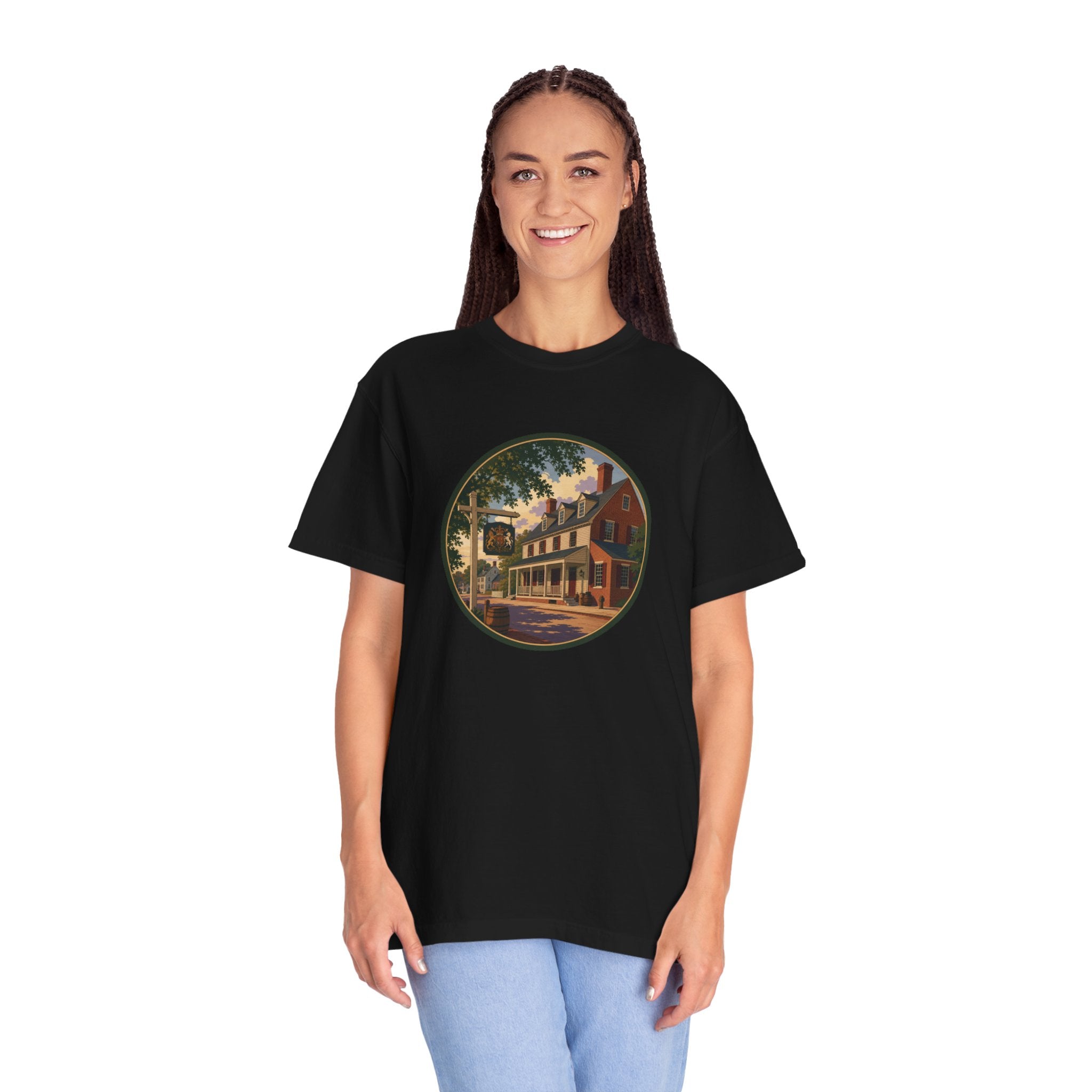 Historic Main Street Tavern T-Shirt — Colonial Village Scene Tee