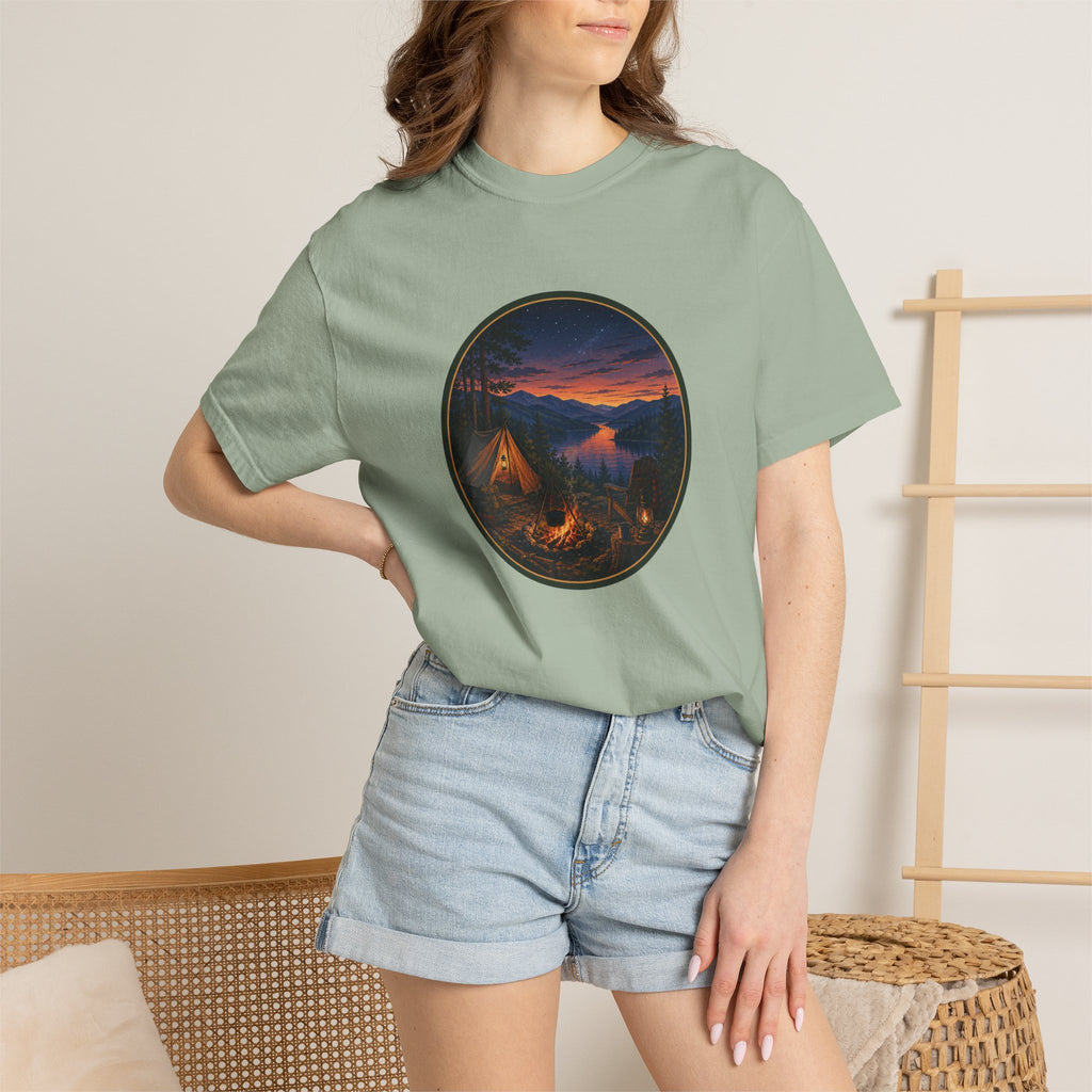 Camping Sunset T-Shirt — Riverside Campfire Night Scene