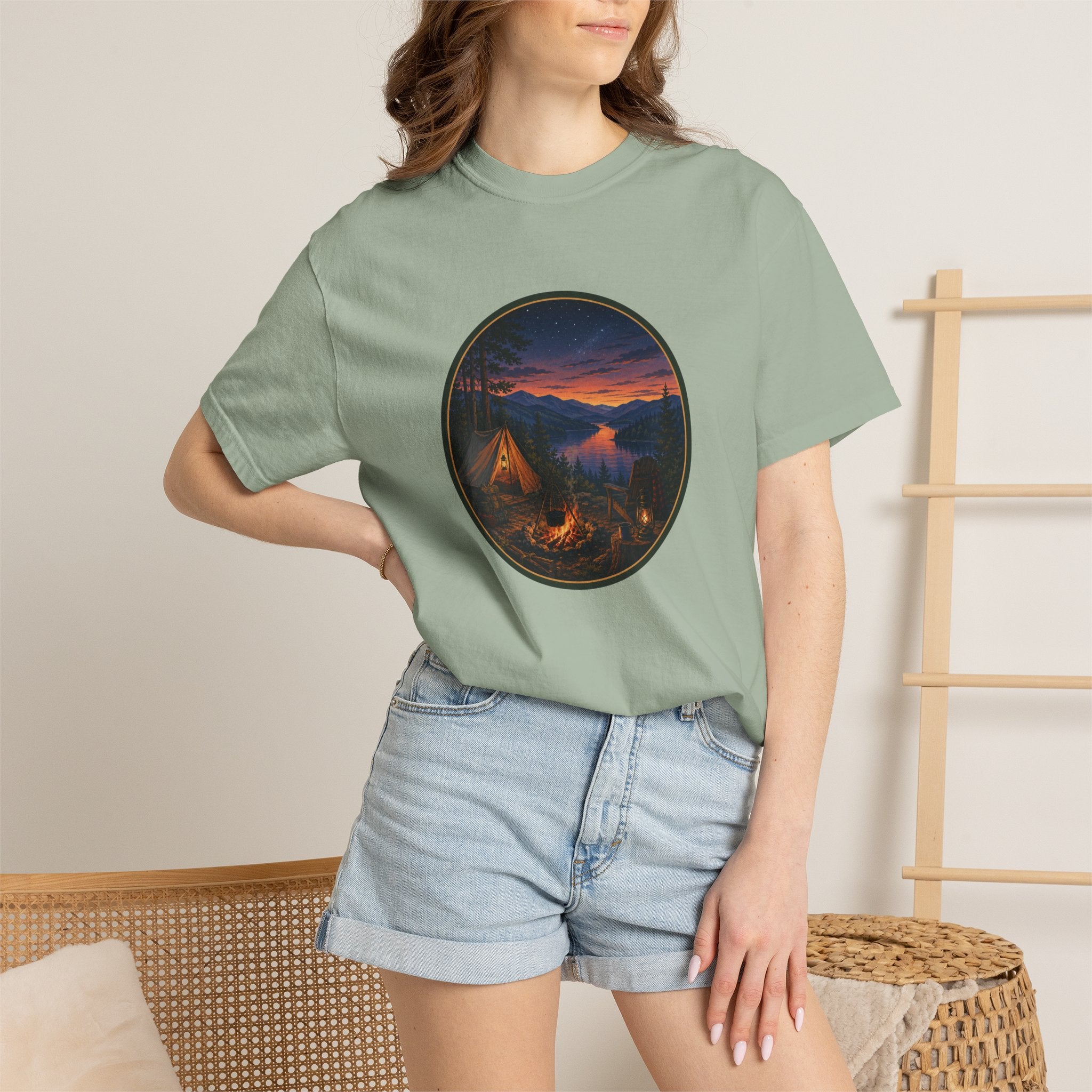 Camping Sunset T-Shirt — Riverside Campfire Night Scene