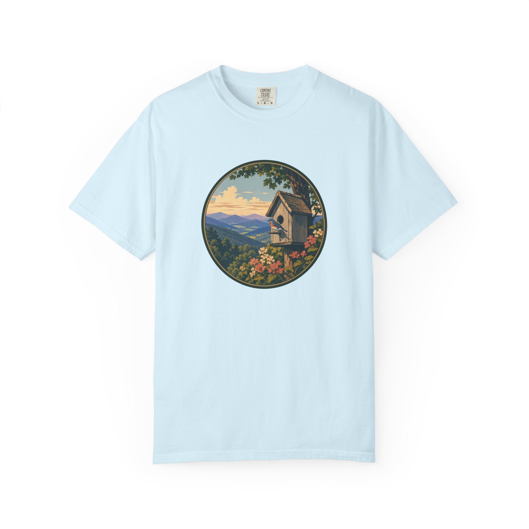 Scenic Birdhouse Tee — Mountain Sunrise Nature T-Shirt