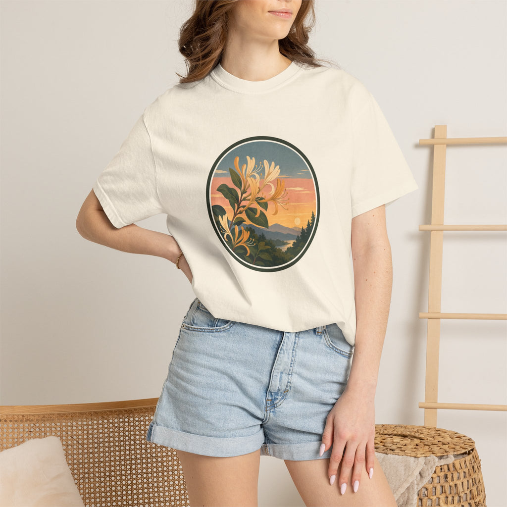 Sunset Honeysuckle T-Shirt — Floral Sunset Circle Graphic Tee