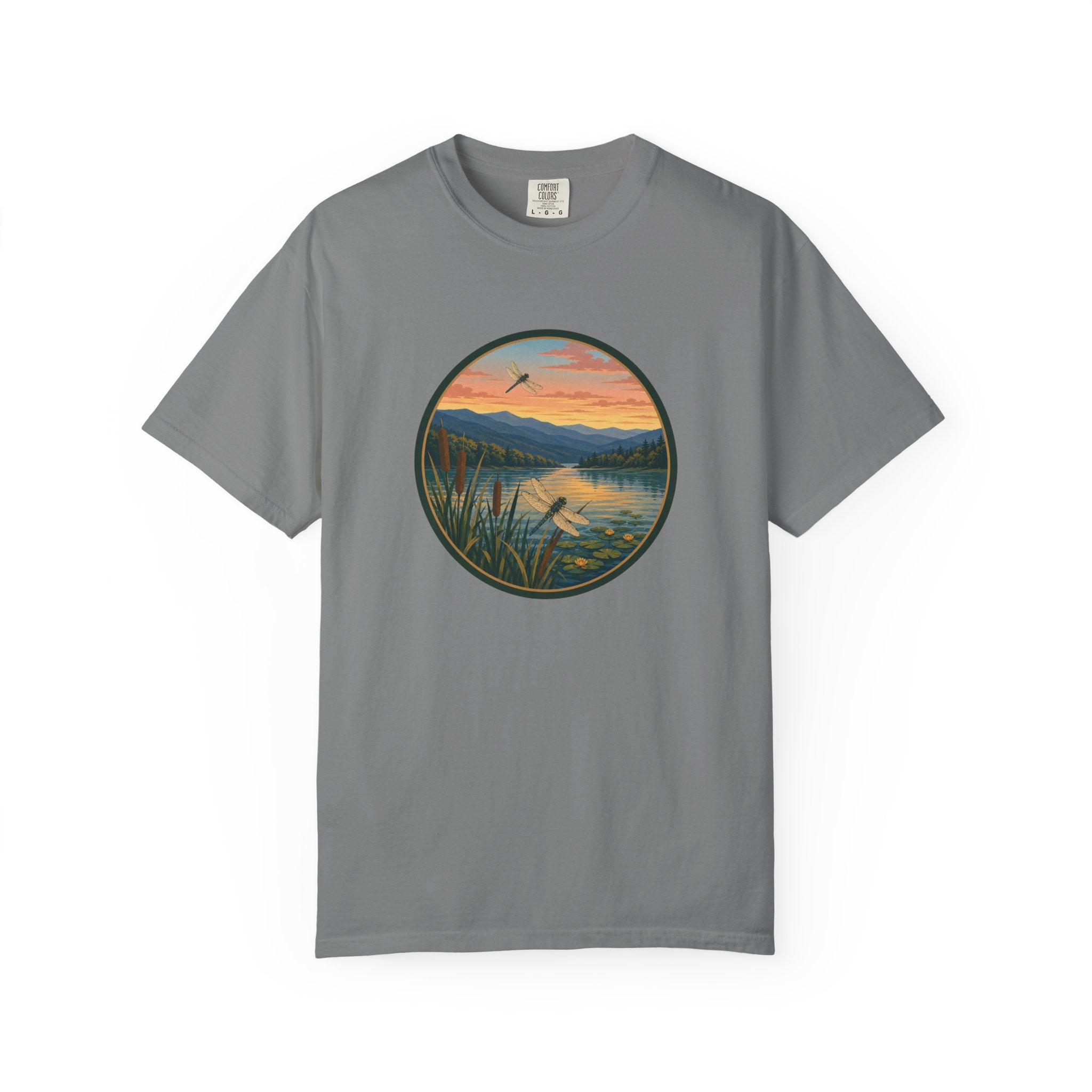 Dragonfly Sunset Lake Scene T-Shirt — Scenic Mountain Nature Tee