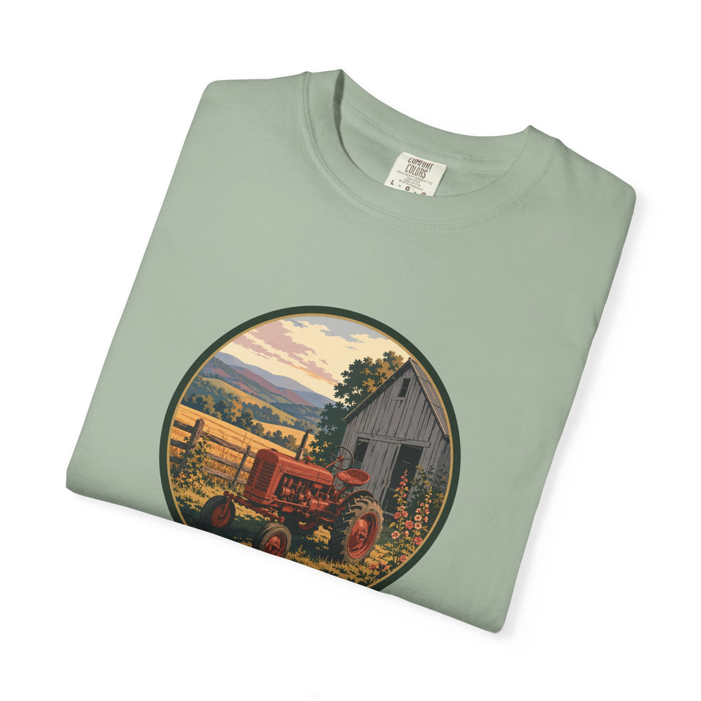 Vintage Farm Tractor T-Shirt — Rustic Barnyard Sunset Graphic Tee