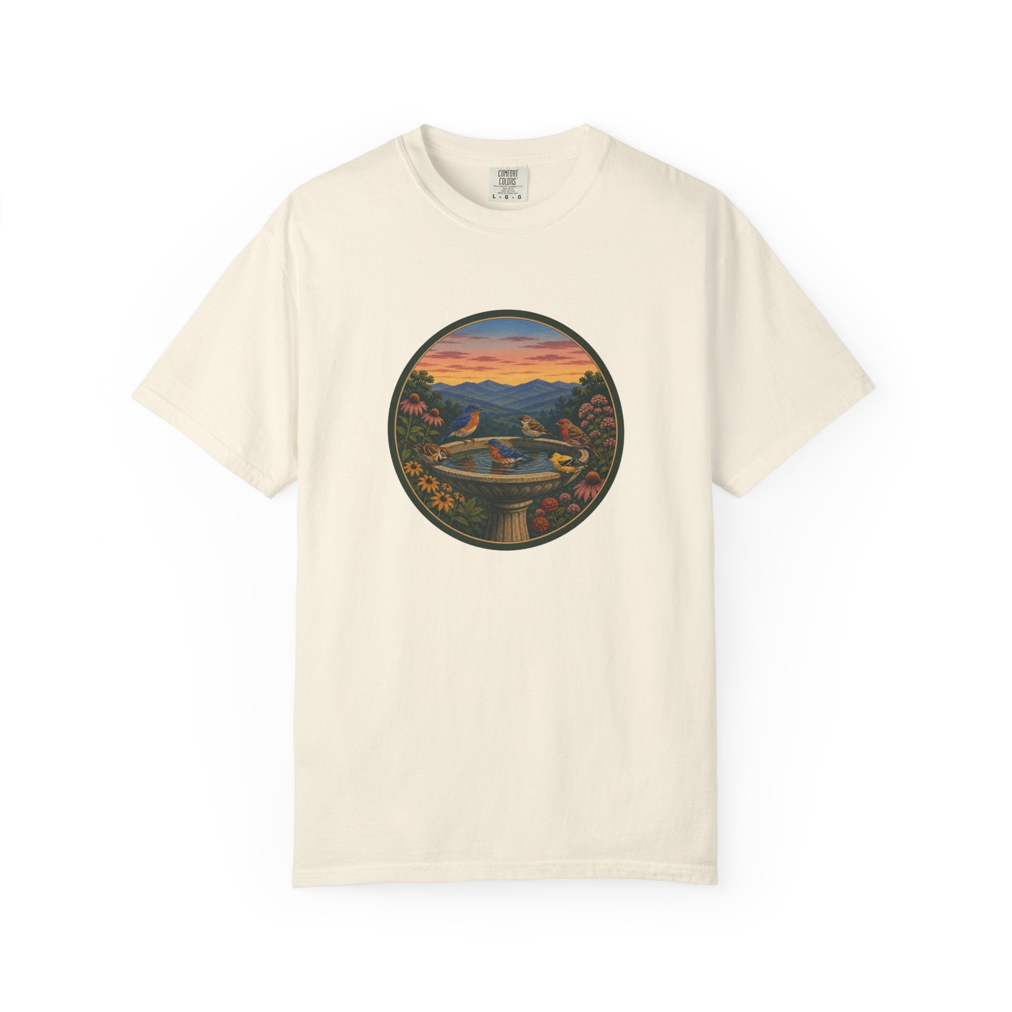 Sunset Garden Tee — Vintage Birdbath Landscape T-Shirt