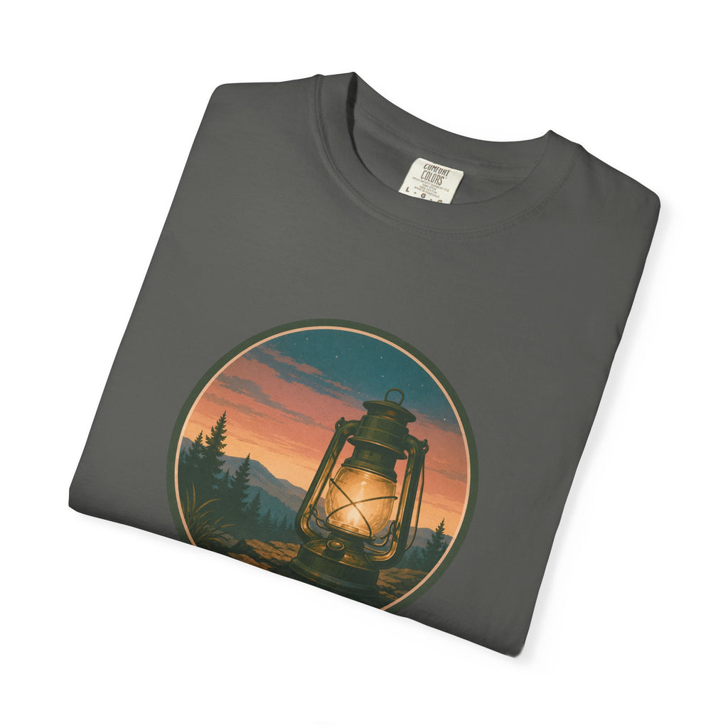 Lantern Sunset T-Shirt — Vintage Campfire Night Graphic Tee