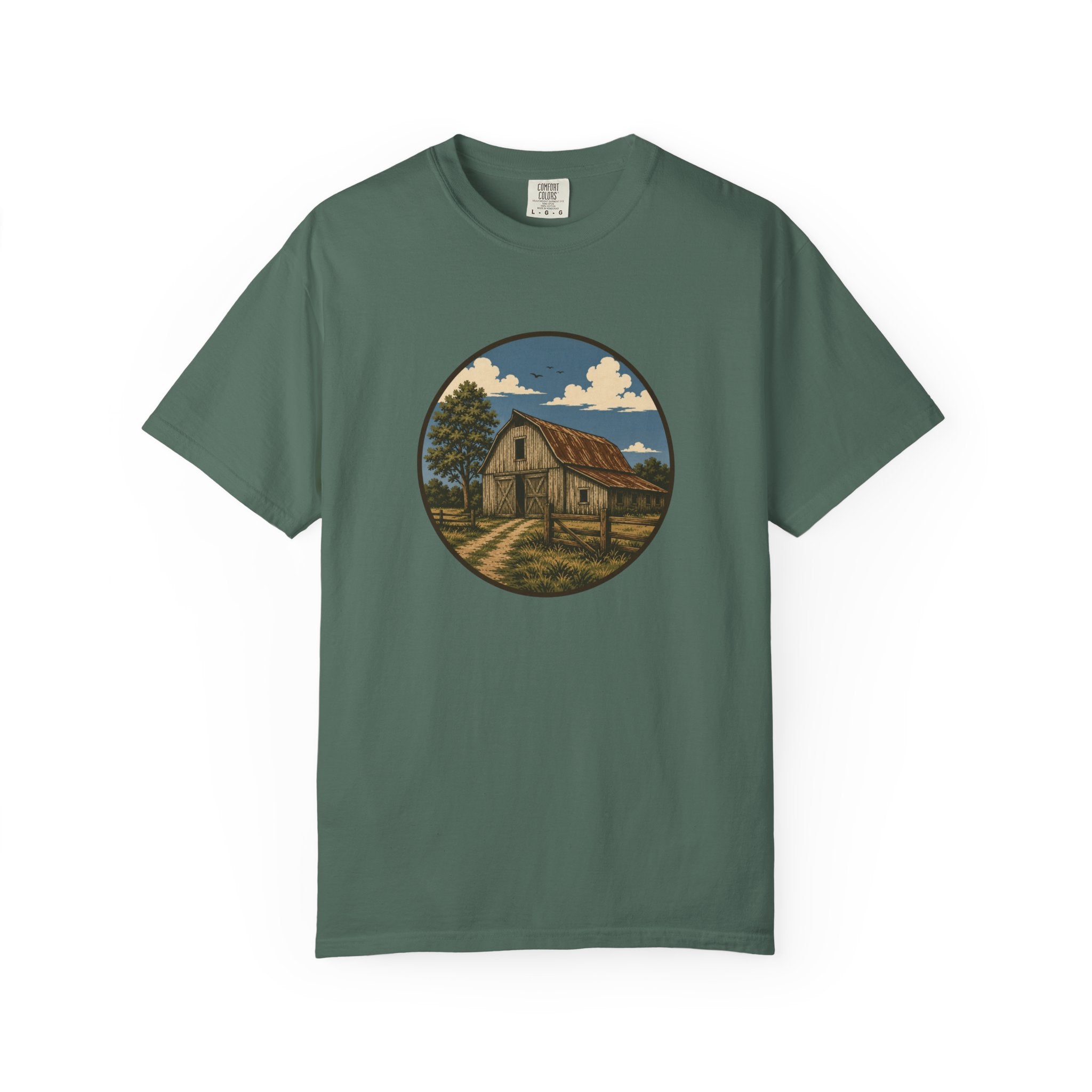 Barn Scene T-Shirt — Rustic Farmhouse Circle Graphic Tee