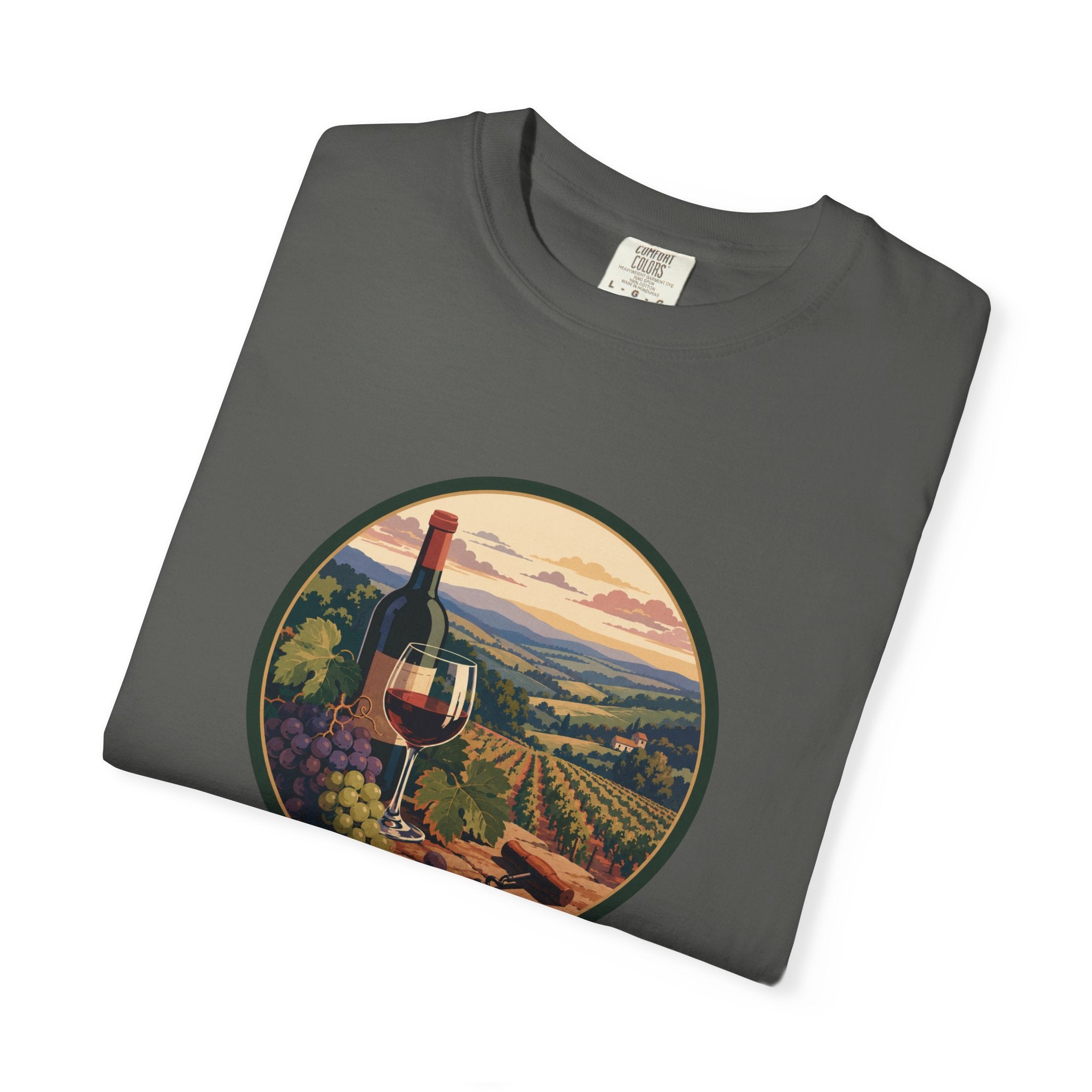 Wine Country Scenic T-Shirt – Vineyard Bottle & Sunset Graphic
