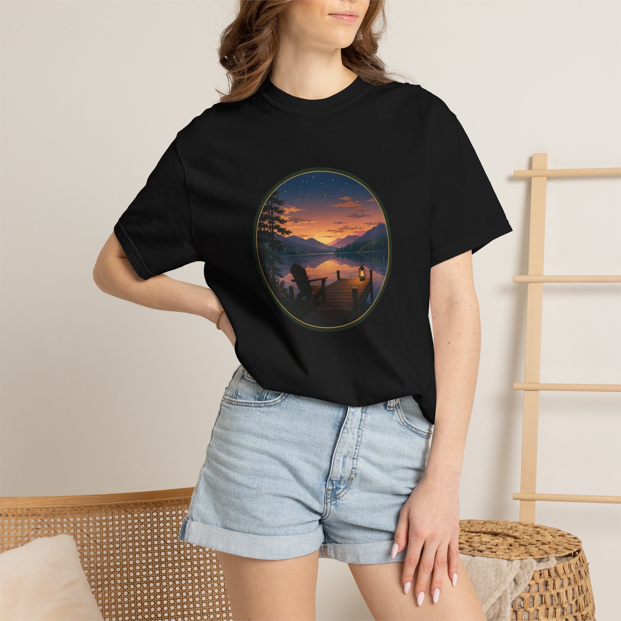 Sunset Lake Camping T-Shirt — Scenic Mountain Lantern Graphic