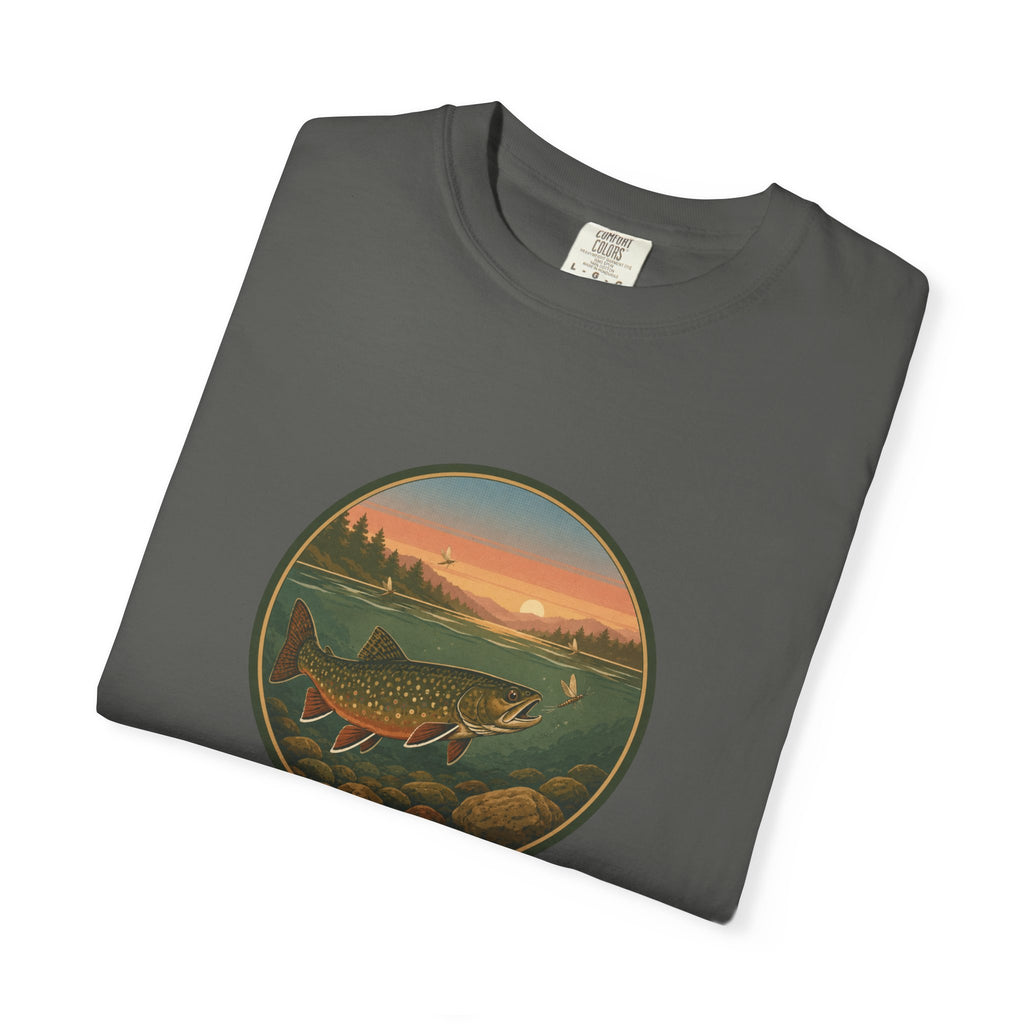Brook Trout Sunset Fishing T-Shirt — Vintage River Scene Tee