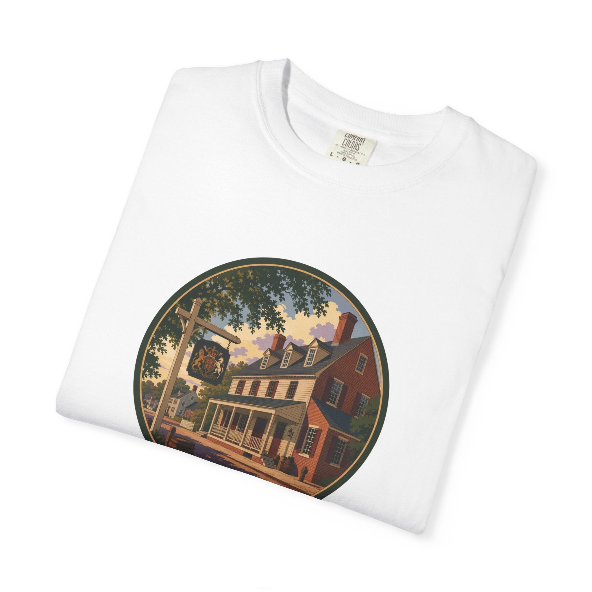 Historic Main Street Tavern T-Shirt — Colonial Village Scene Tee