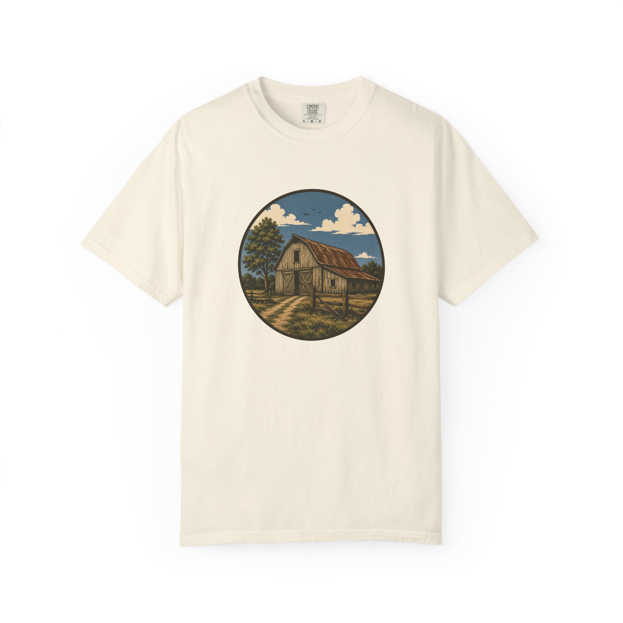 Barn Scene T-Shirt — Rustic Farmhouse Circle Graphic Tee