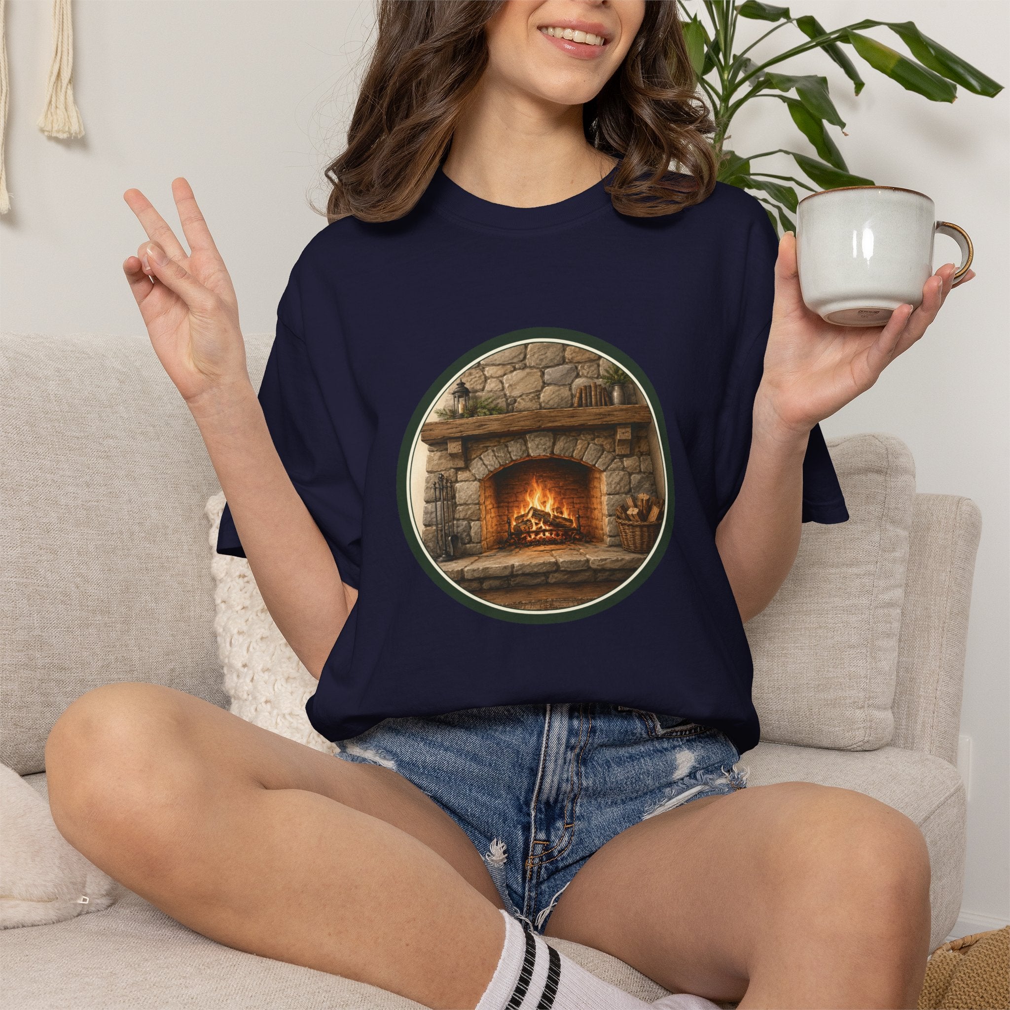 Cozy Fireplace Graphic T-Shirt — Vintage Hearth Circle Design