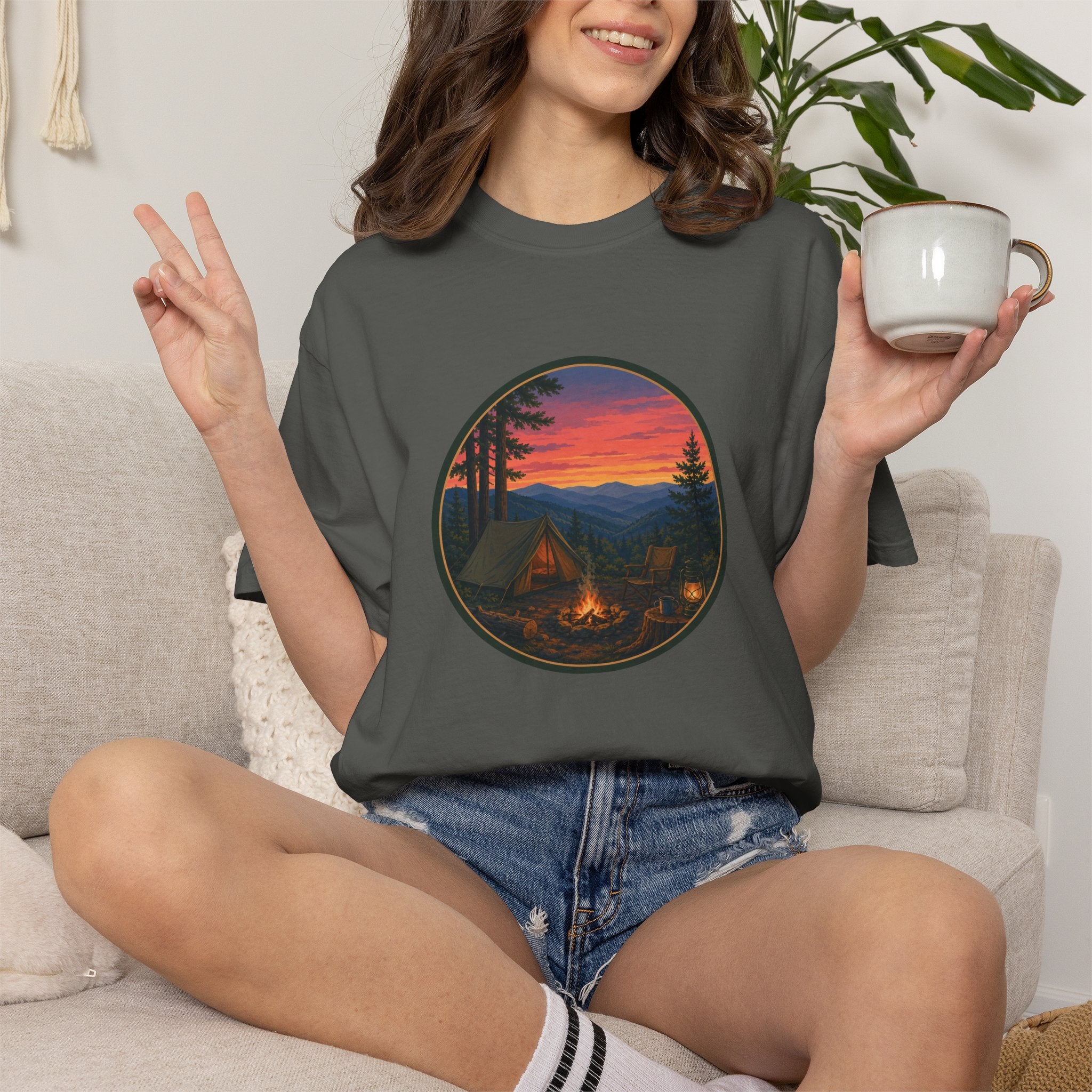 Camping Sunset T-Shirt — Vintage Campfire Scene Tee