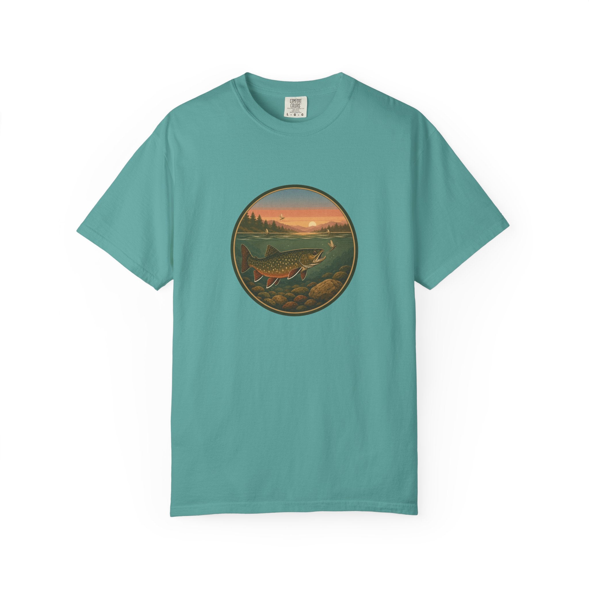 Brook Trout Sunset Fishing T-Shirt — Vintage River Scene Tee
