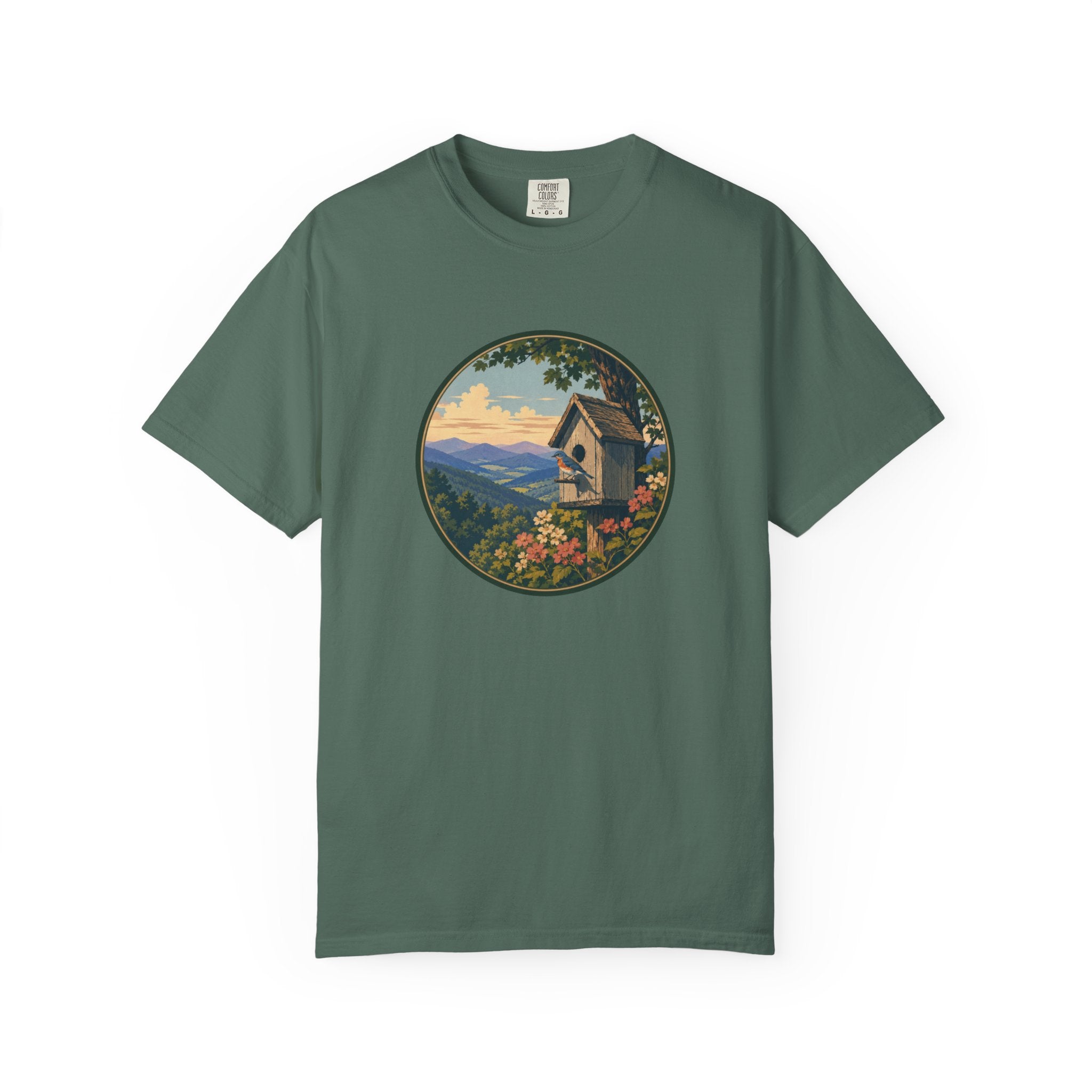 Scenic Birdhouse Tee — Mountain Sunrise Nature T-Shirt