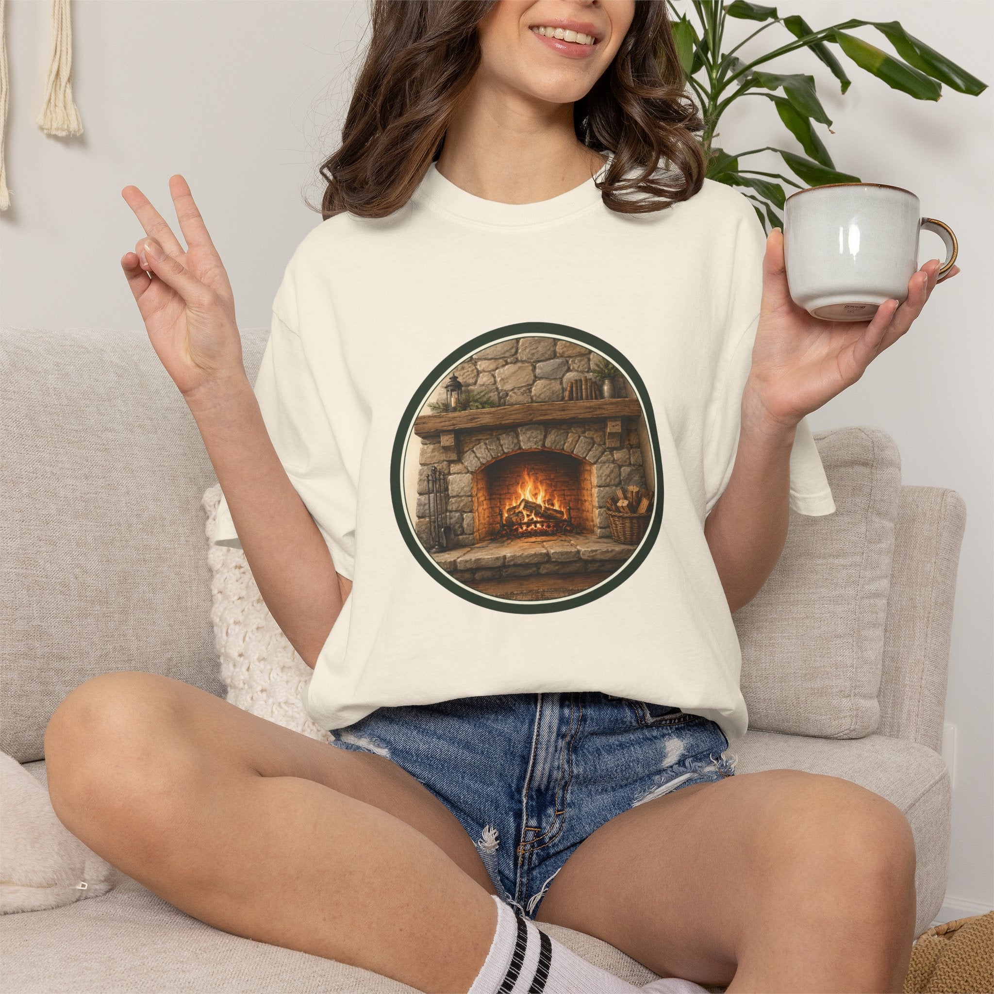 Cozy Fireplace Graphic T-Shirt — Vintage Hearth Circle Design