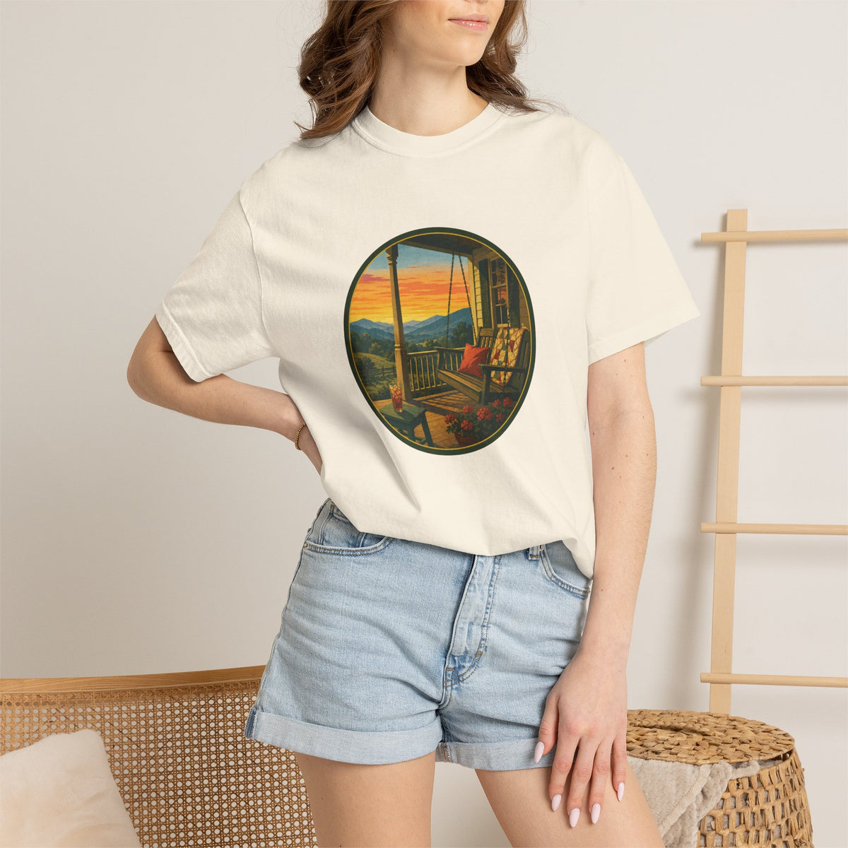 Sunset Porch Circle T-Shirt — Scenic Porch Swing Graphic Tee