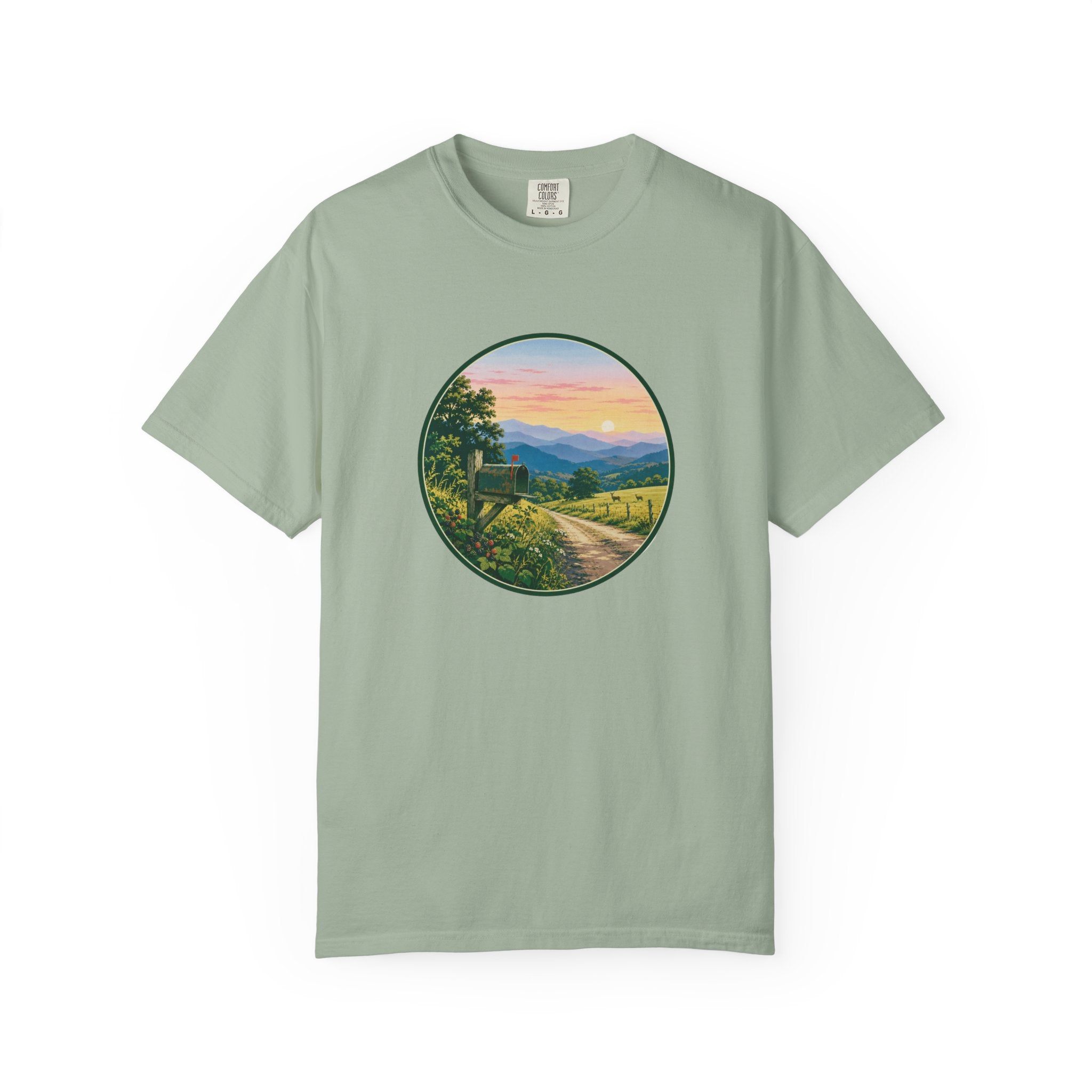 Scenic Backroad Sunset T-Shirt — Vintage Mailbox Circle Landscape Tee