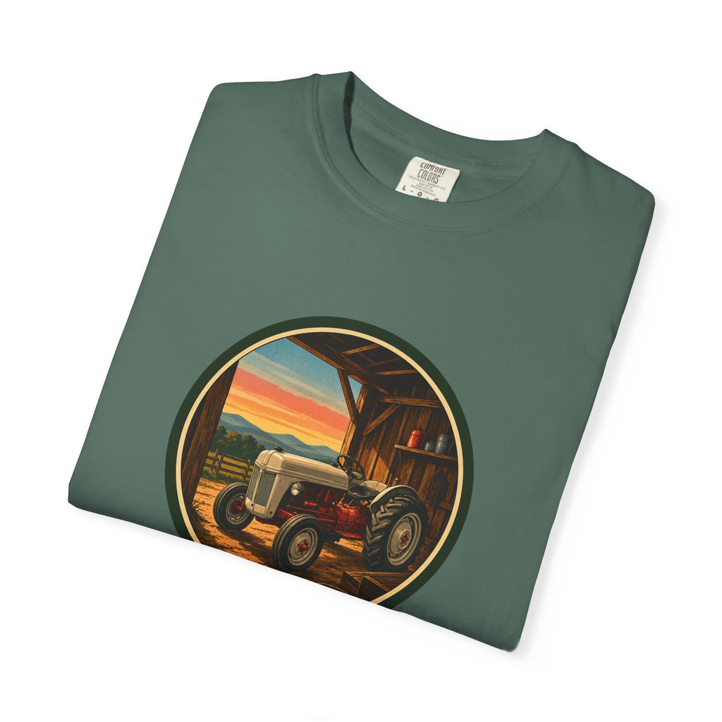 Vintage Tractor Circle T-Shirt — Rustic Farmstead Sunset Tee