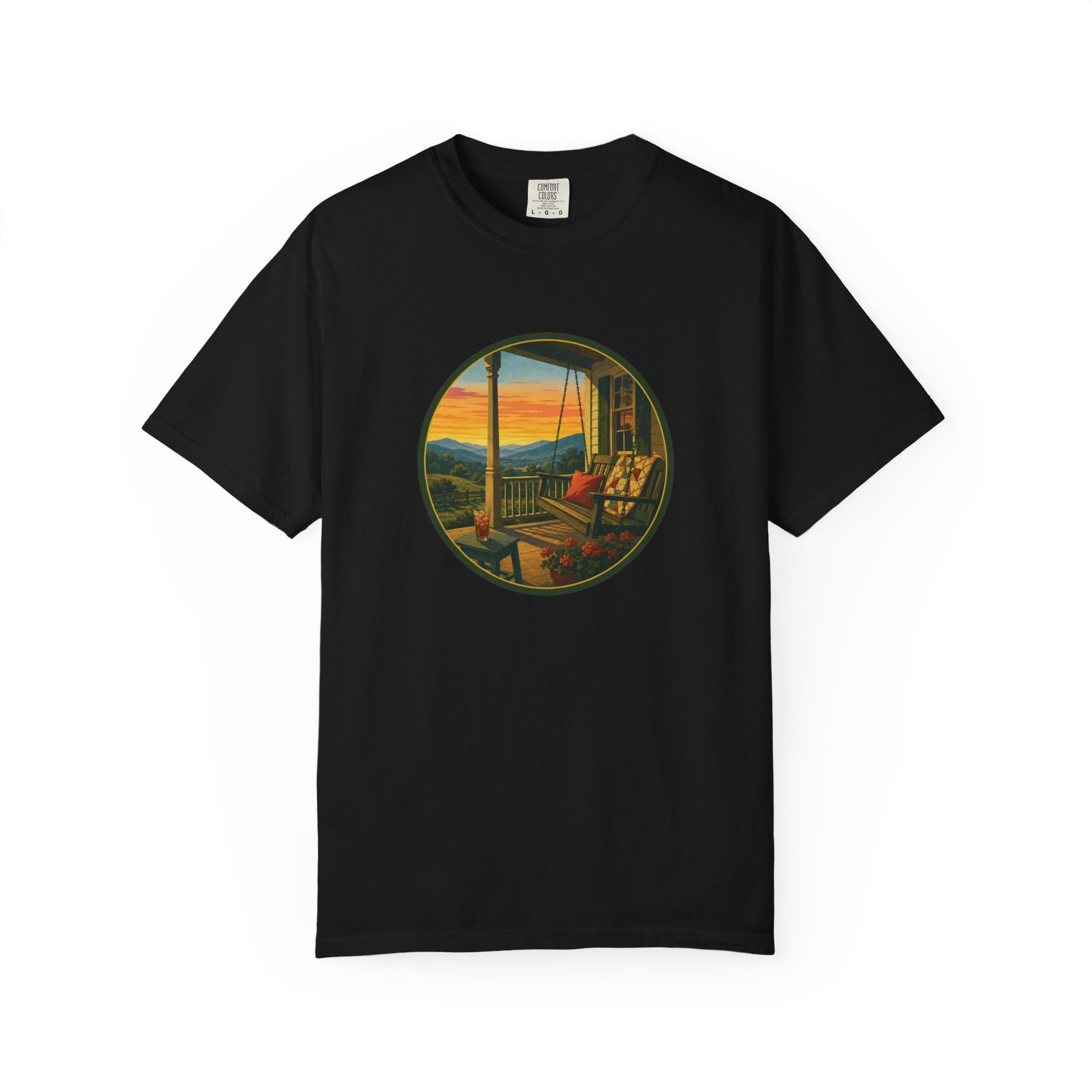 Sunset Porch Circle T-Shirt — Scenic Porch Swing Graphic Tee