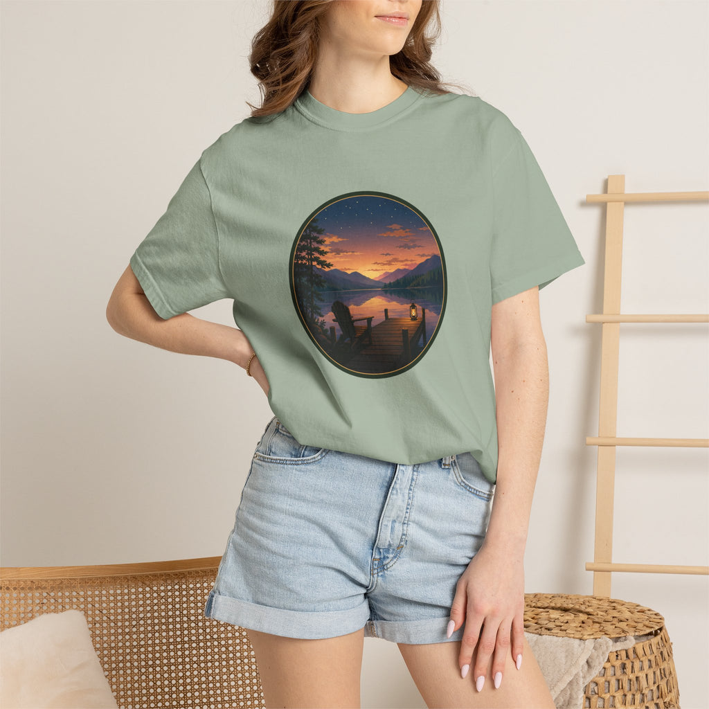 Sunset Lake Camping T-Shirt — Scenic Mountain Lantern Graphic