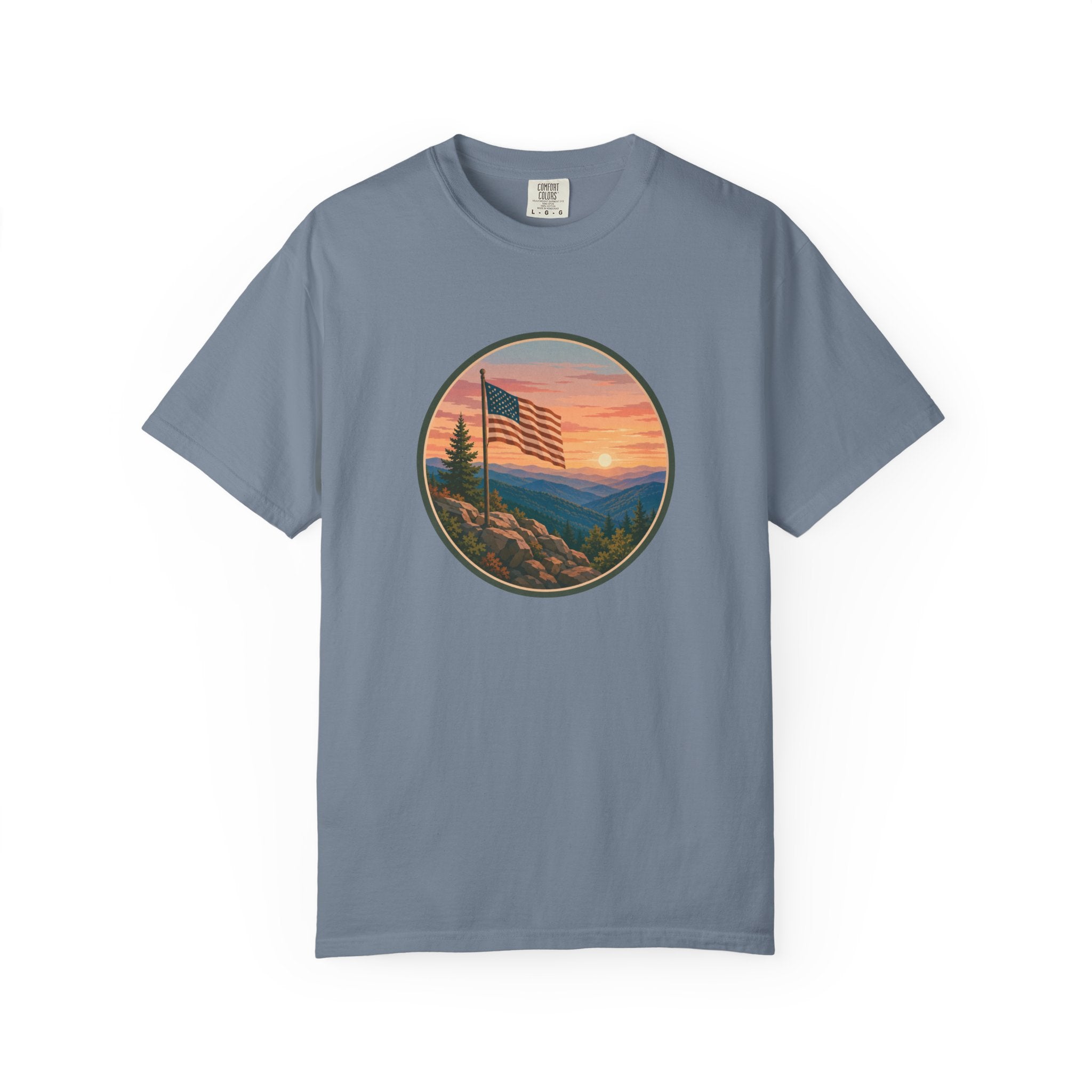 Flag Over Blue Ridge Mountains T-Shirt — Scenic Sunset American Flag Graphic Tee