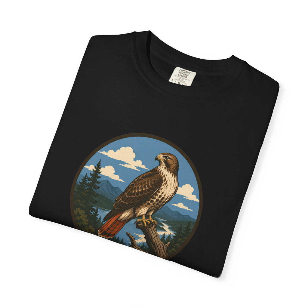 Red-Tail Hawk Mountain Circle T-Shirt — Vintage Hawk Nature Graphic Tee