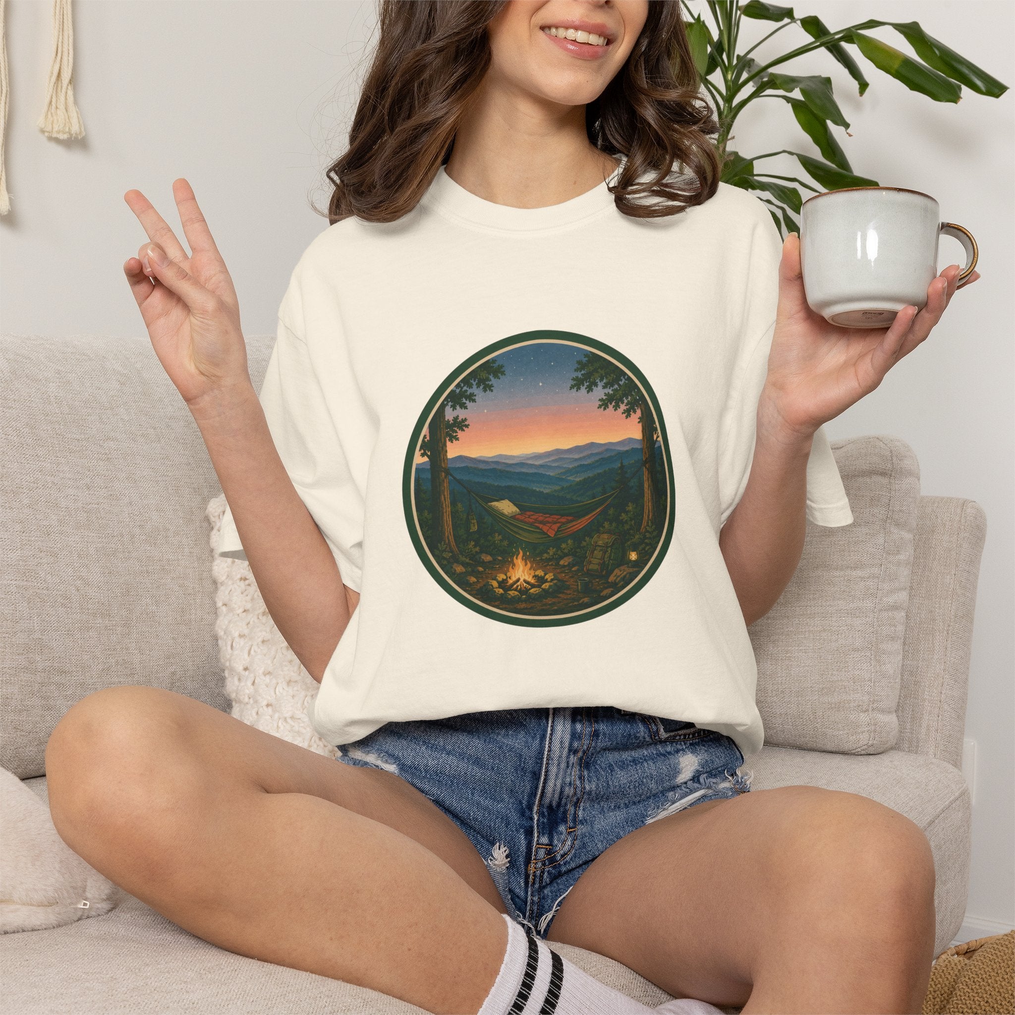 Campfire Mountain Sunset T-Shirt — Scenic Hiking Adventure Tee