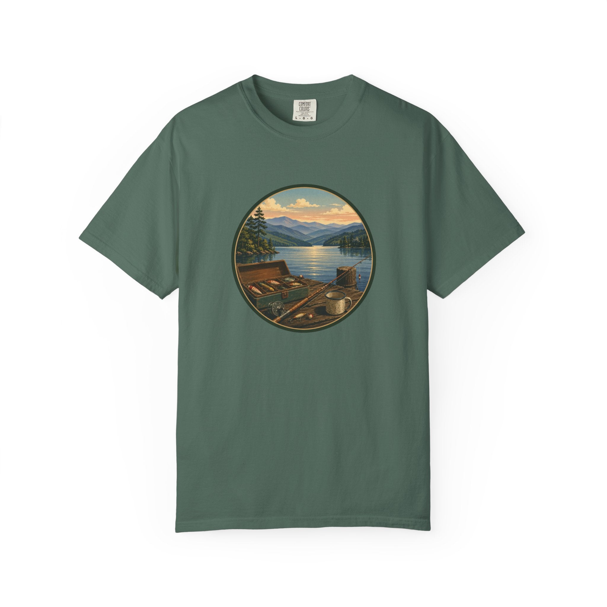 Vintage Fishing Tackle T-Shirt — Mountain View Dock Scene Tee