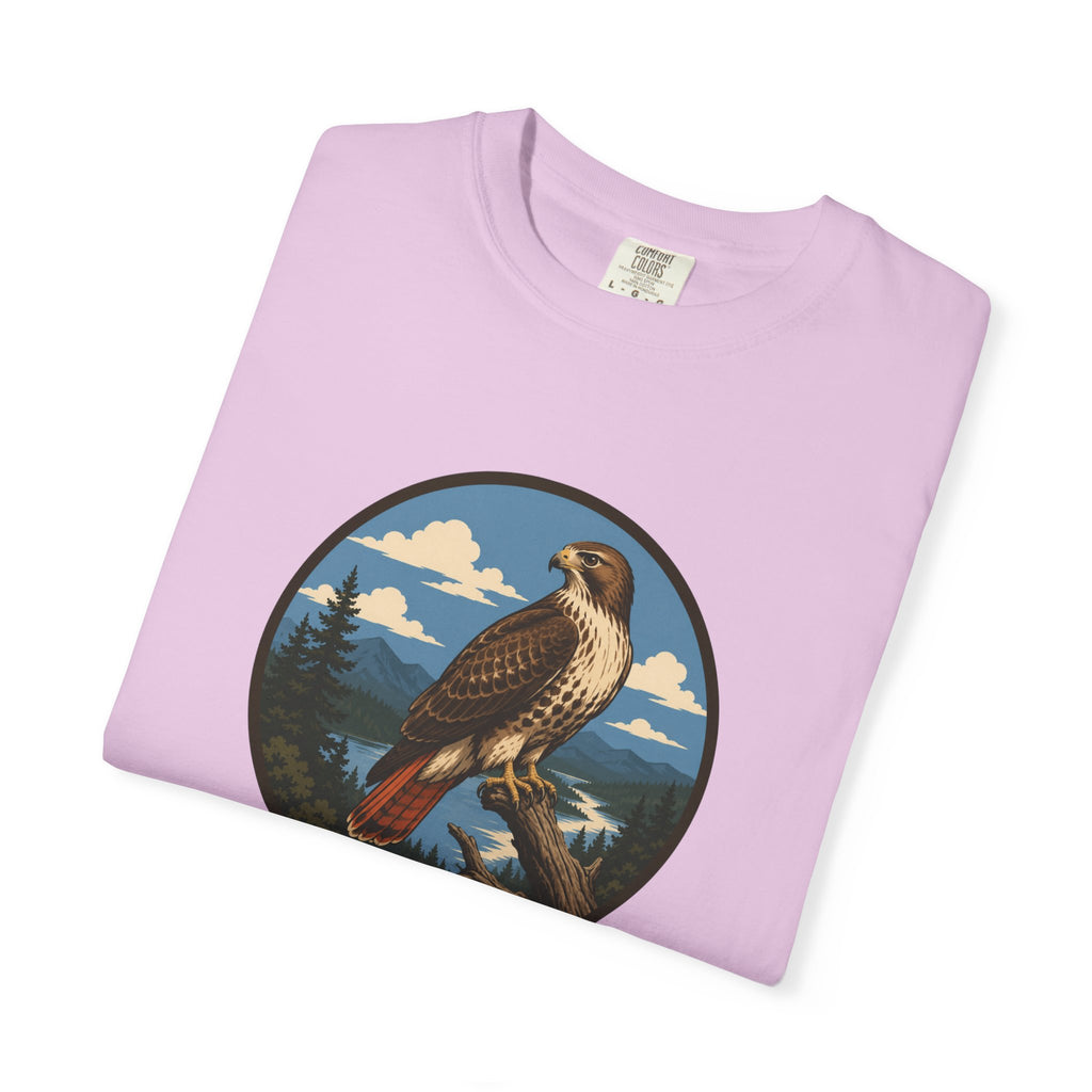 Red-Tail Hawk Mountain Circle T-Shirt — Vintage Hawk Nature Graphic Tee