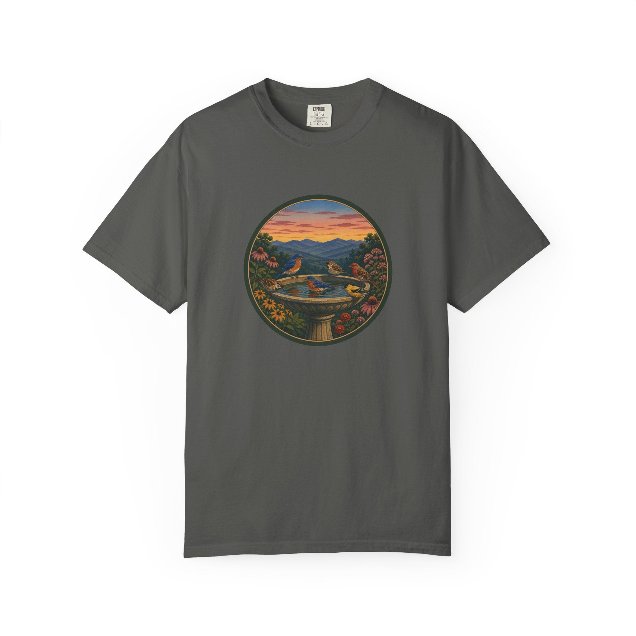 Sunset Garden Tee — Vintage Birdbath Landscape T-Shirt