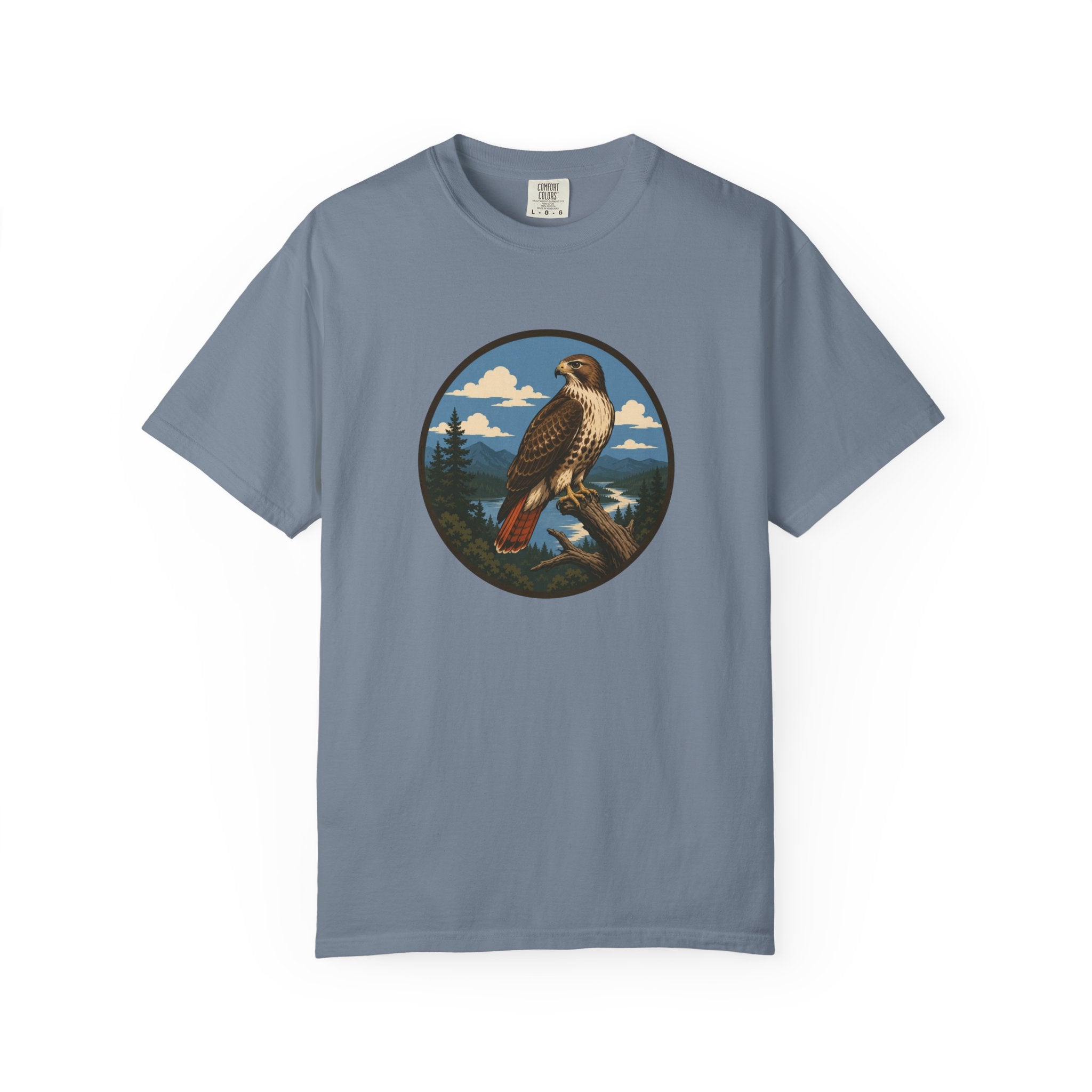 Red-Tail Hawk Mountain Circle T-Shirt — Vintage Hawk Nature Graphic Tee