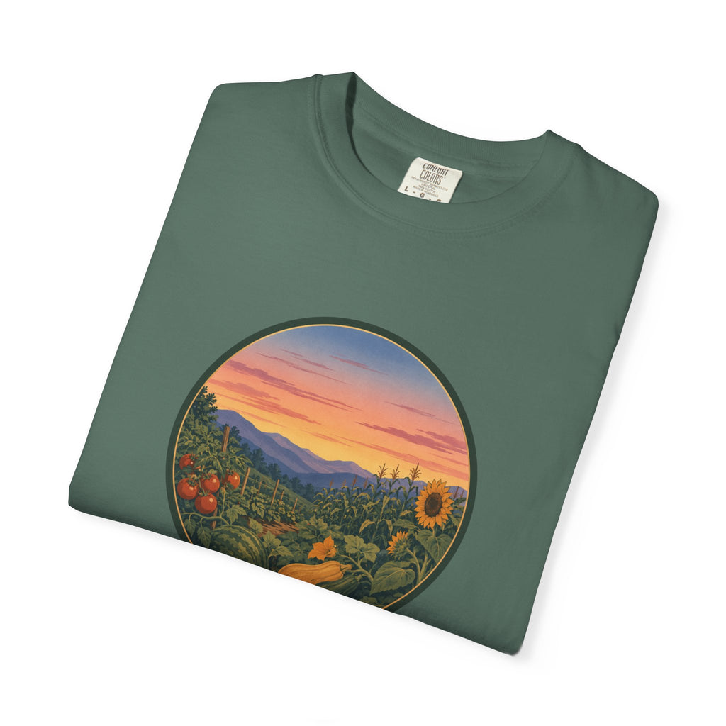 Sunset Mountain Garden T-Shirt — Scenic Fresh Vegetables Landscape Tee