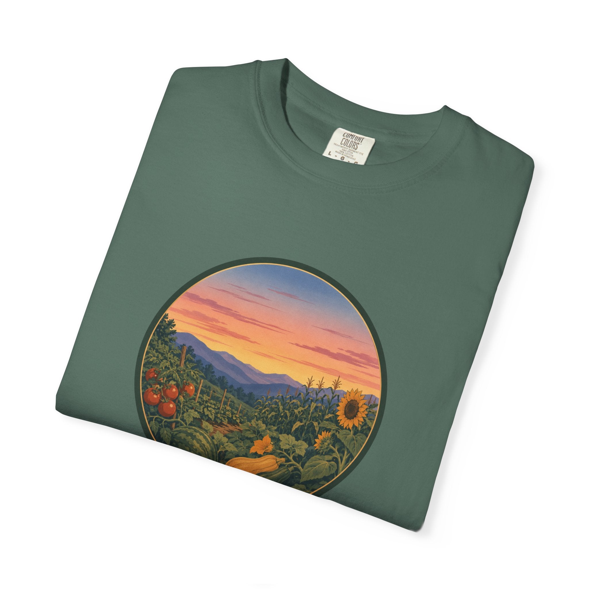 Sunset Mountain Garden T-Shirt — Scenic Fresh Vegetables Landscape Tee
