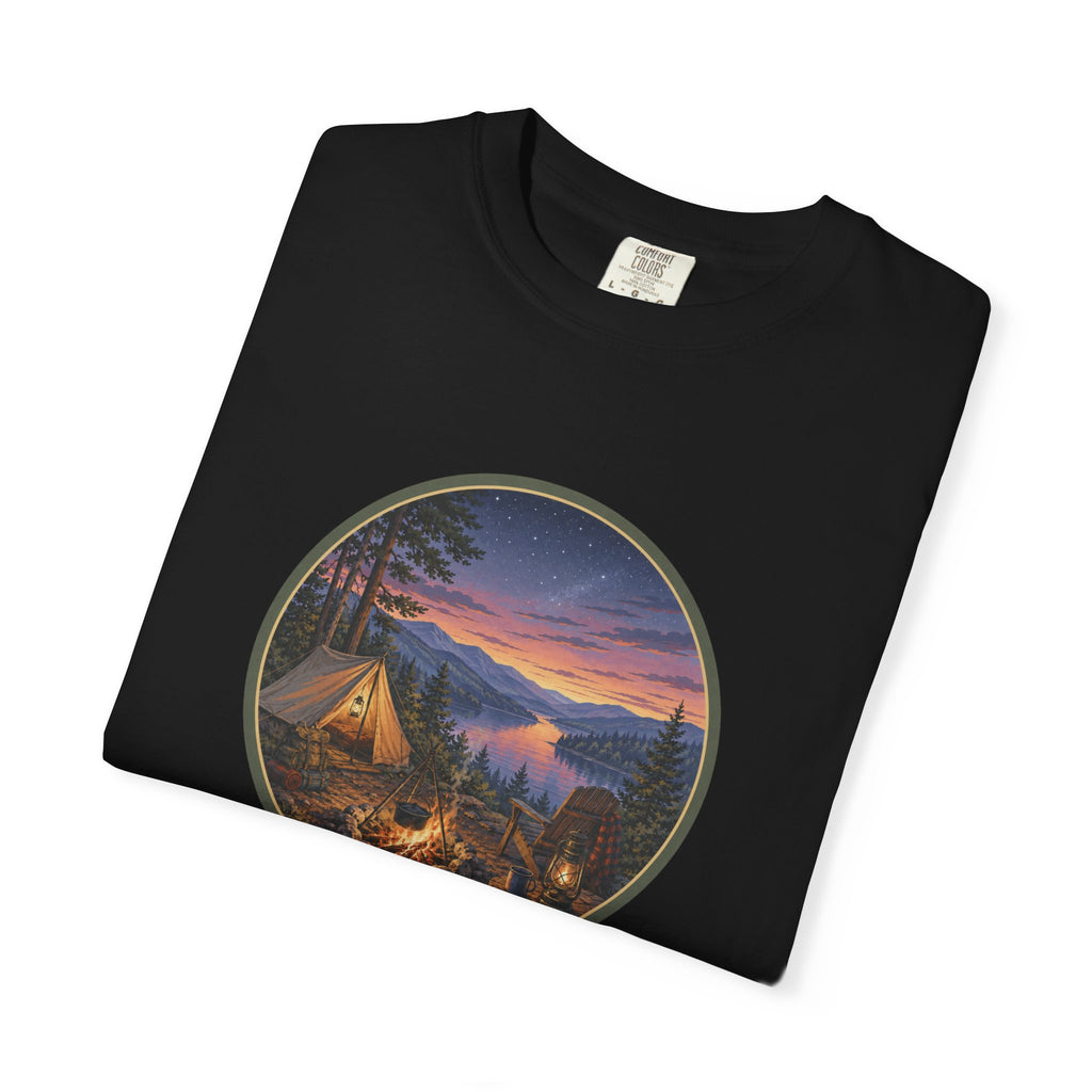 Camping Sunset T-Shirt — Riverside Campfire Night Scene